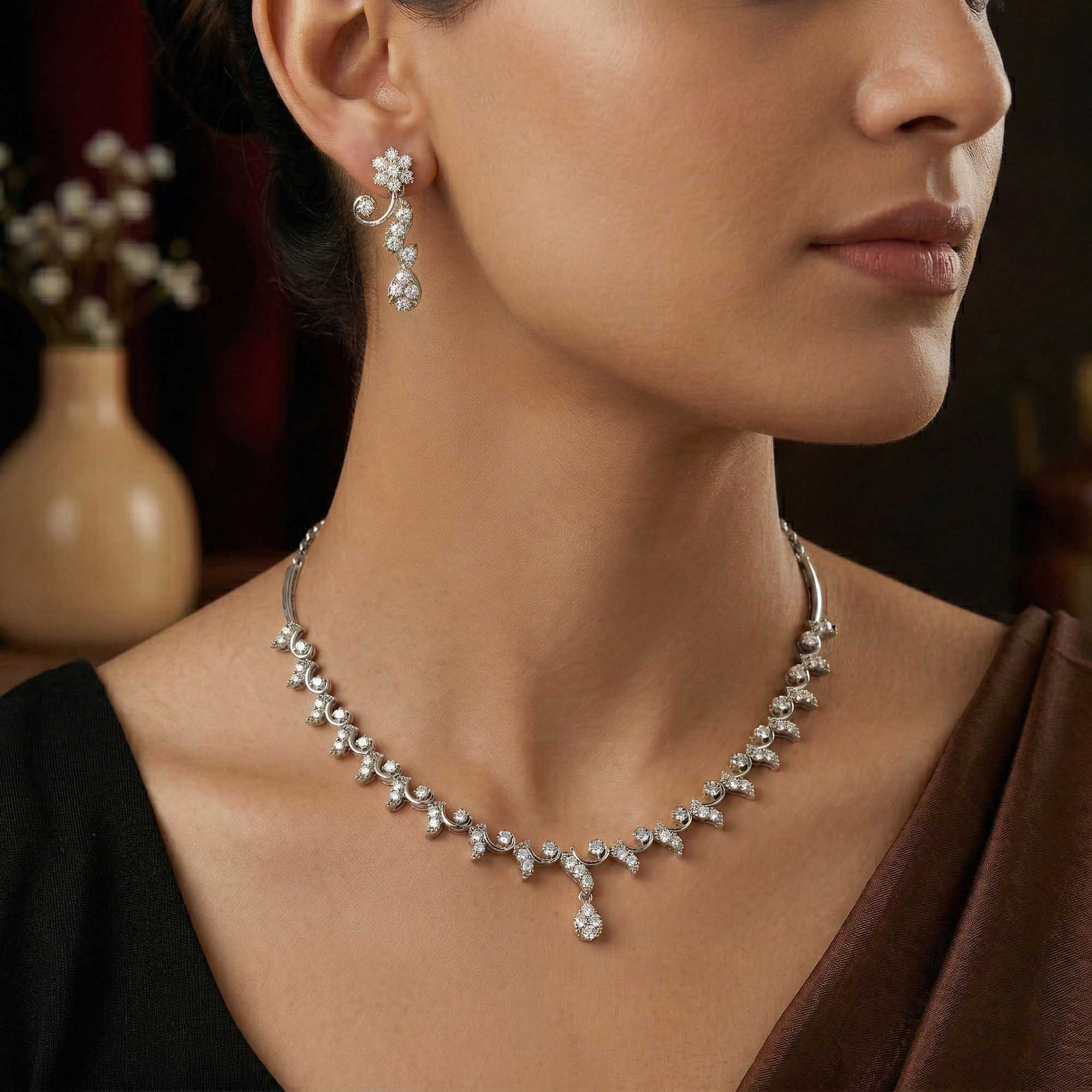 Lab-Grown Diamond Necklace and Earring Set in 18K White Gold – 2.86 Ct, 93 Diamonds thumbnail