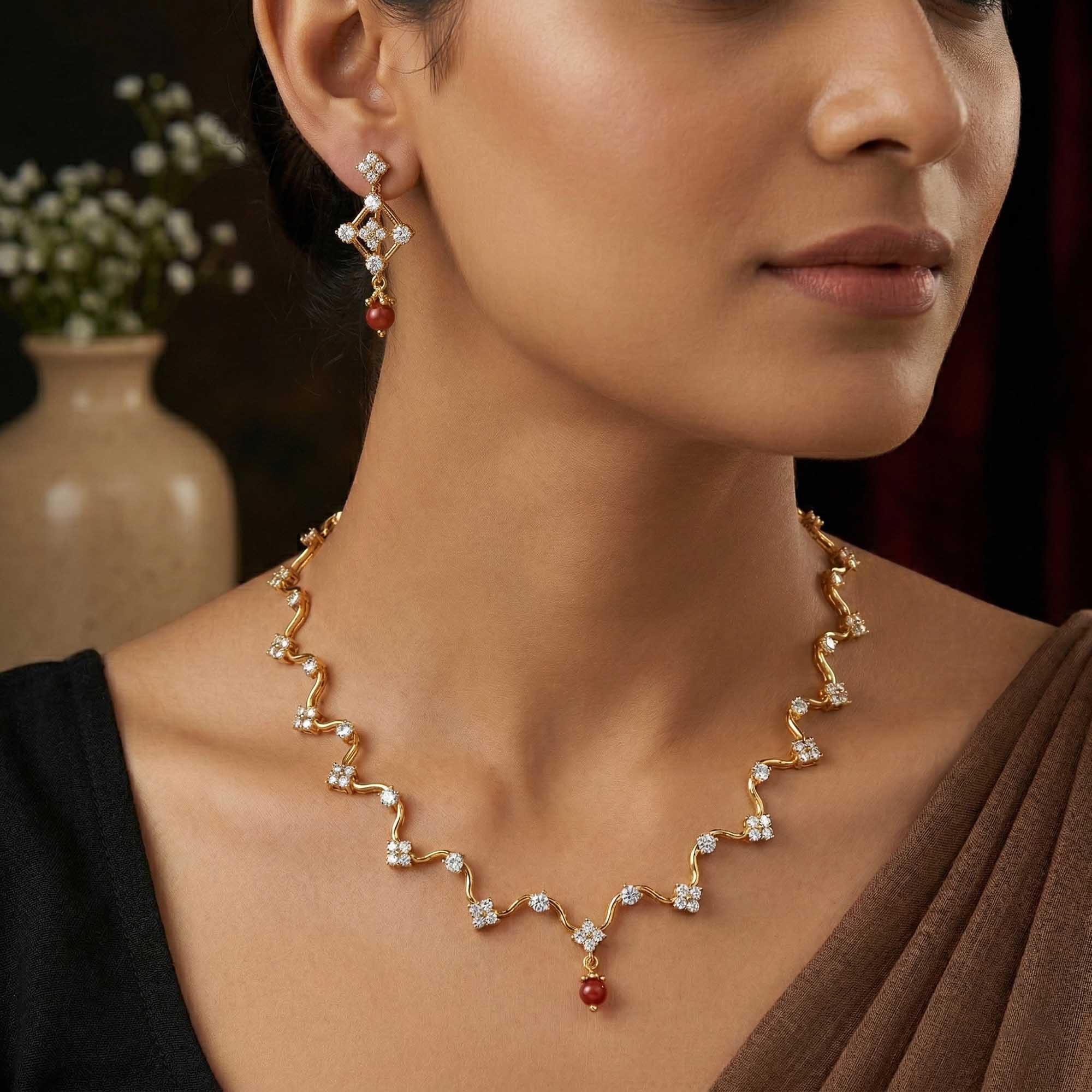 Lab-Grown Diamond Necklace and Earring Set in 22K Yellow Gold – 4.8 Ct, 90 Diamonds thumbnail