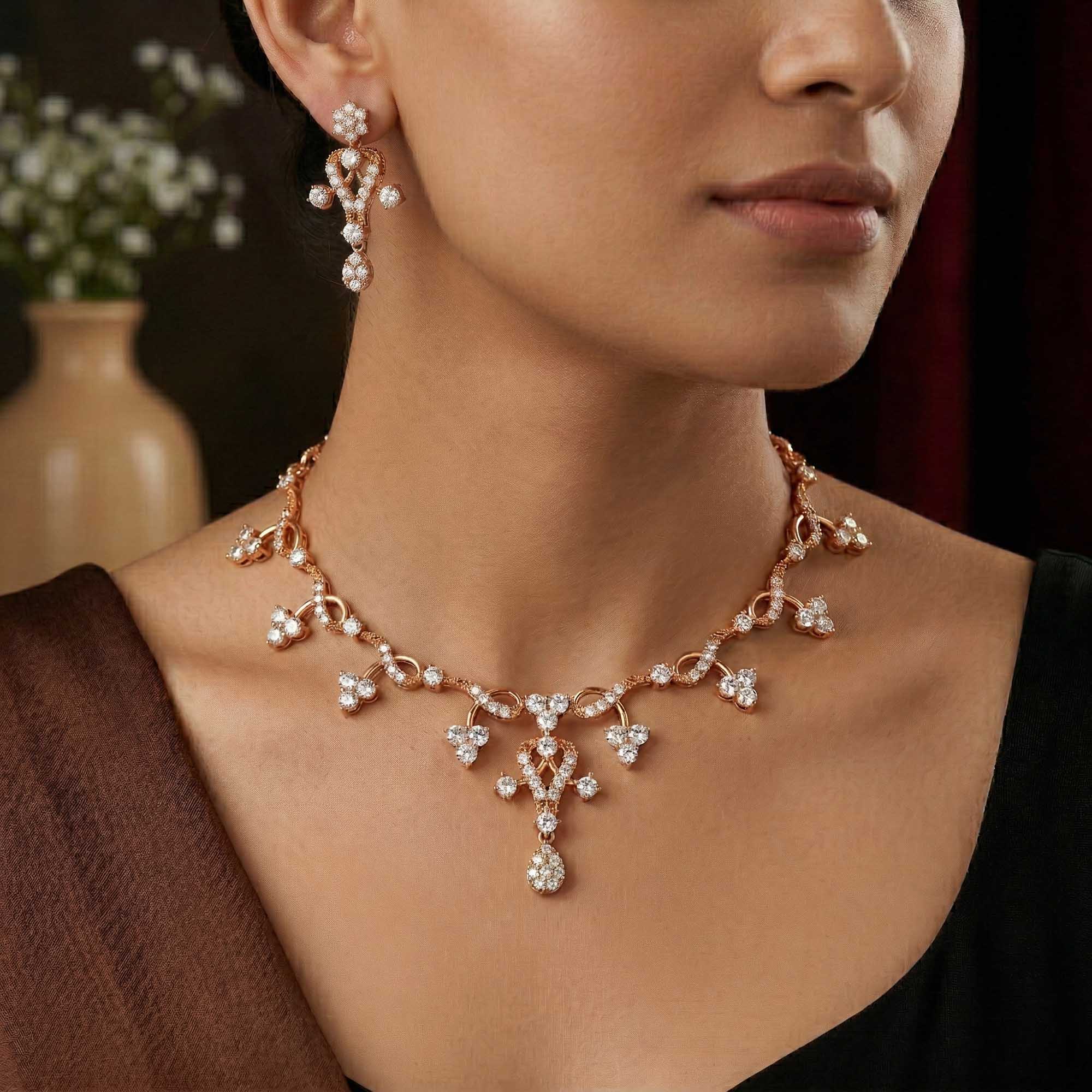 Lab grown Diamond Necklace with earring set in 18K Rose Gold thumbnail