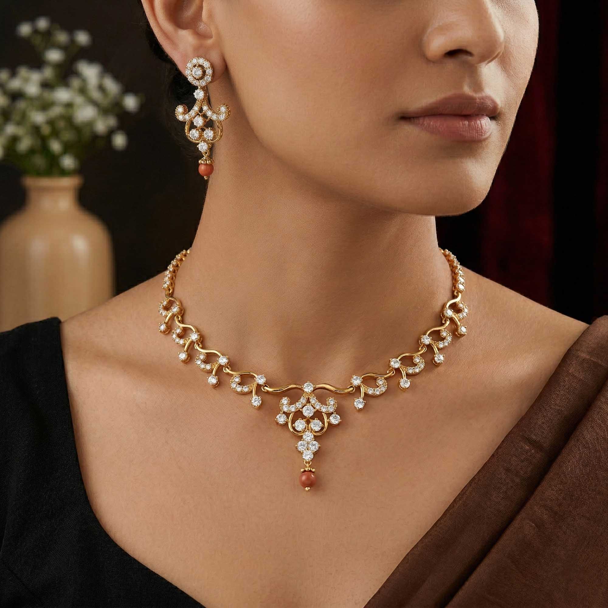 Lab-Grown Diamond Necklace and Earring Set in 22K Yellow Gold – 7.93 Ct, 132 Diamonds thumbnail