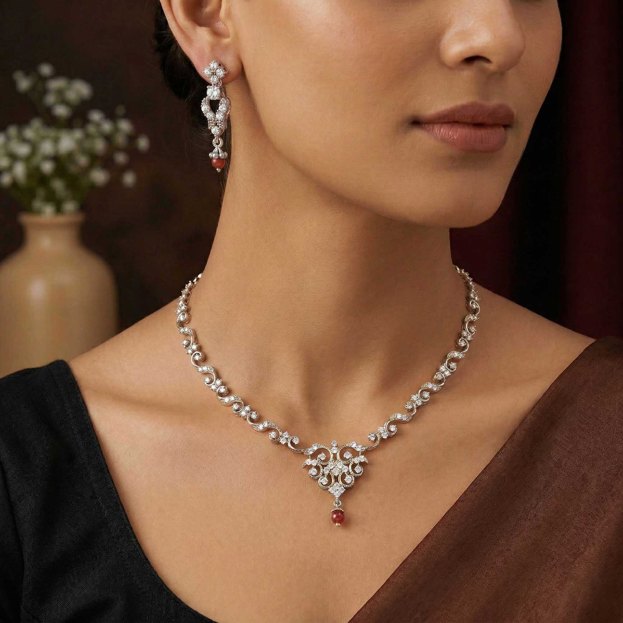 Lab-Grown Diamond Necklace and Earring Set in 18K White Gold – 3.69 Ct, 107 Diamonds thumbnail