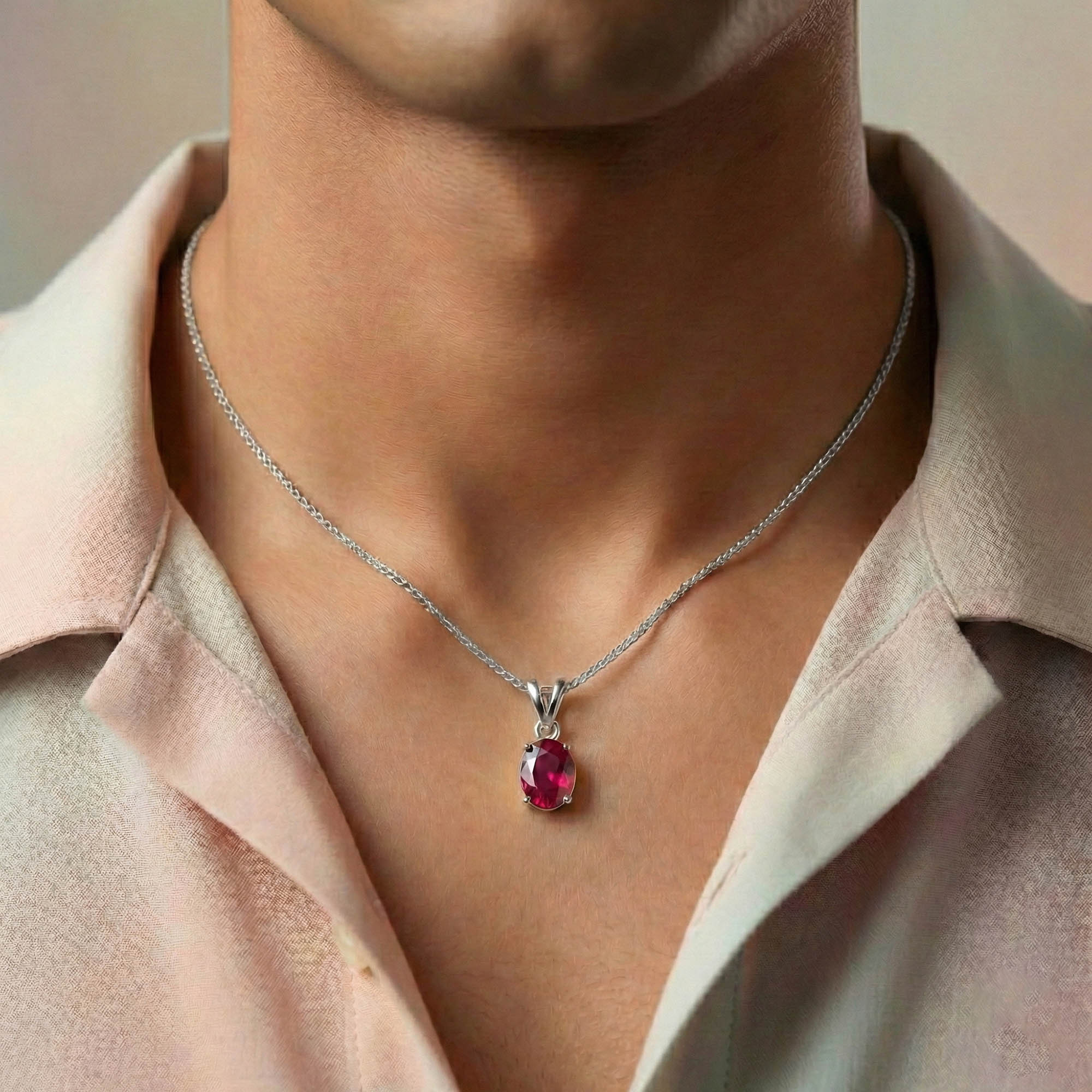 Ruby (Manik) Pendant in 18K White Gold – Oval 8x6 mm, Prong Setting, 1 g (Design K1-2) thumbnail