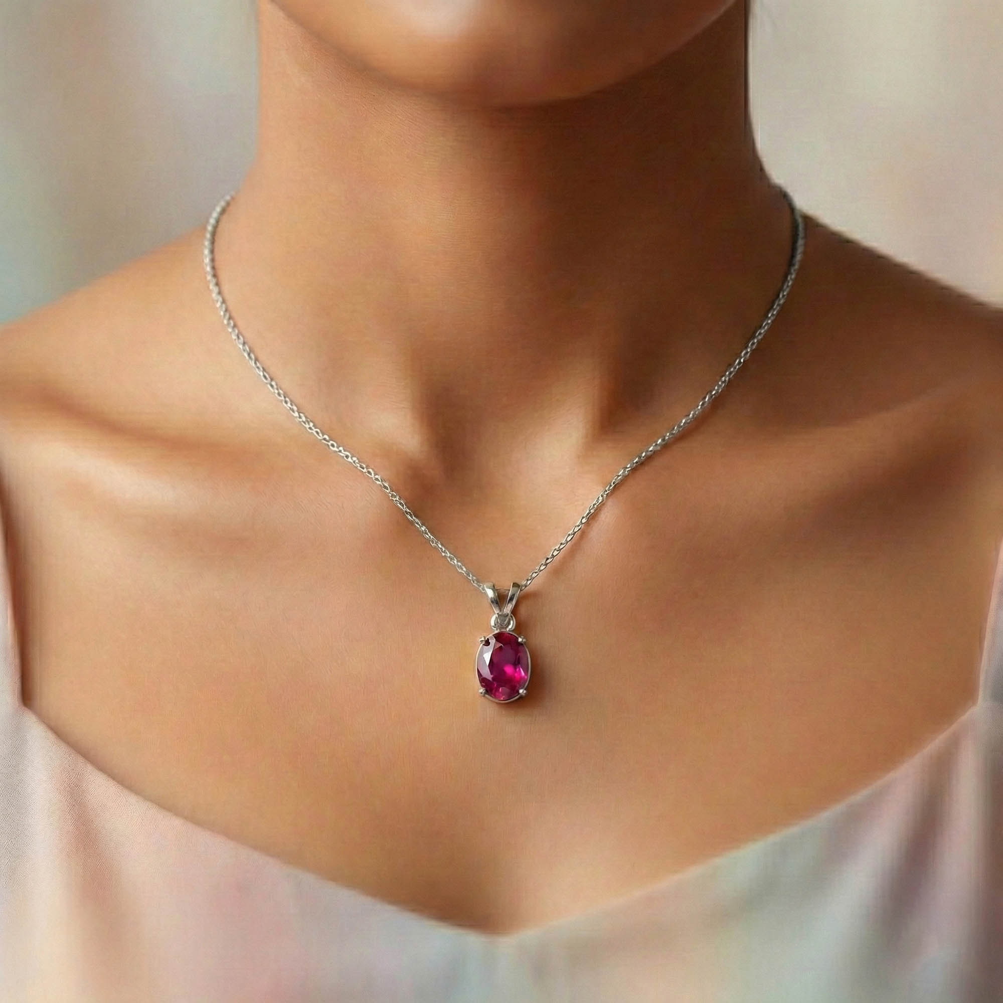 Ruby (Manik) Pendant in 18K White Gold – Oval 8x6 mm, Prong Setting, 1 g (Design K1-3) thumbnail