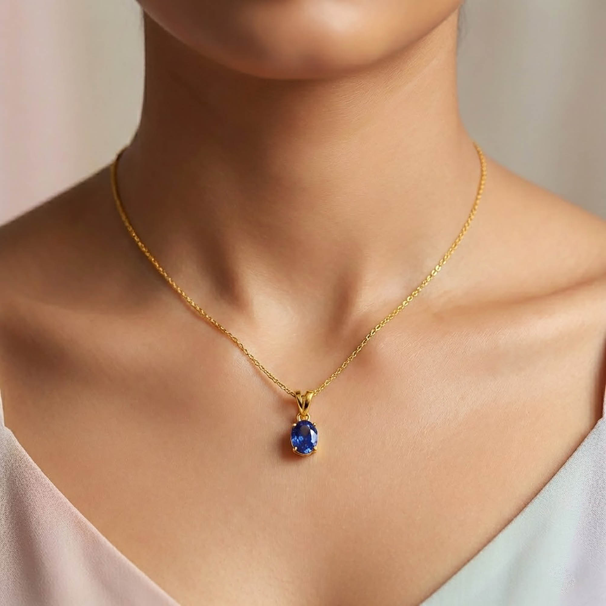 Blue Sapphire (Neelam) Pendant in 22K Yellow Gold – Oval 8x6 mm, Prong Setting, 1 g (Design K1-5) thumbnail