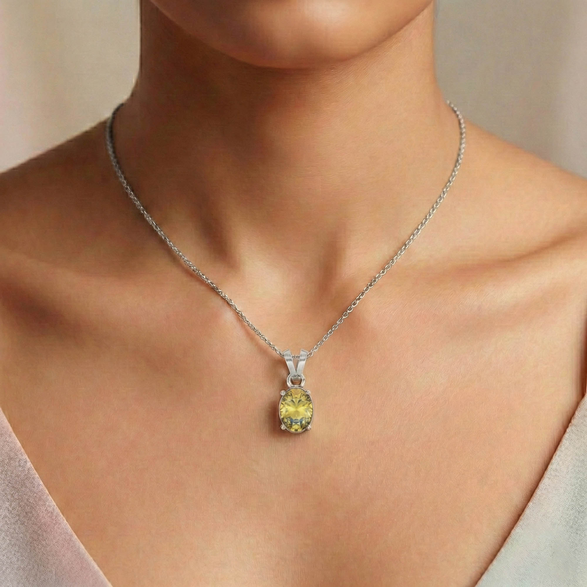 Yellow Sapphire (Pukhraj) Pendant in 18K White Gold – Oval 8x6 mm, Prong Setting, 1 g (Design K1-5) thumbnail