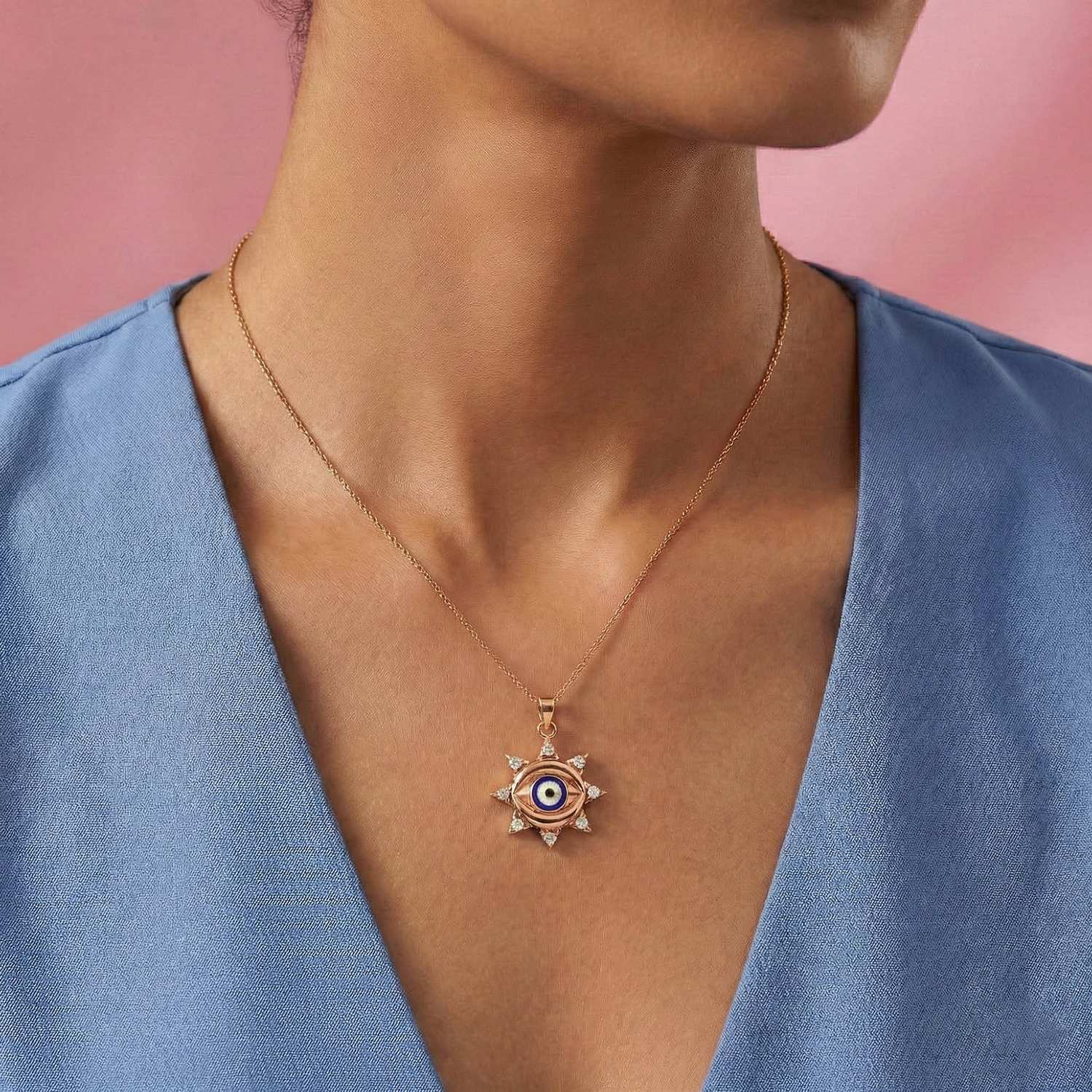Evil Eye Pendant with Lab-Grown Diamonds in 18K Rose Gold – 0.22 Ct, 2 g (Design K1-12) thumbnail