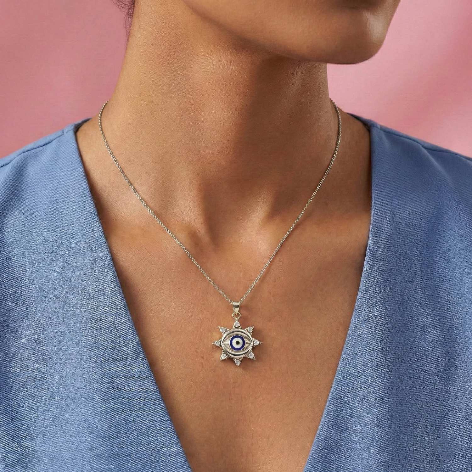 Evil Eye Pendant with Lab-Grown Diamonds in 18K White Gold – 0.22 Ct, 2 g (Design K1-12) thumbnail