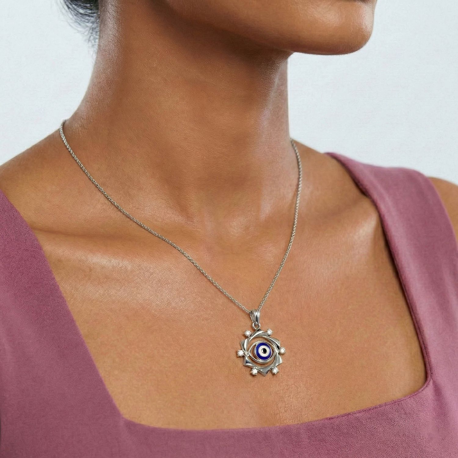 Evil Eye Pendant with Lab-Grown Diamonds in 18K White Gold – 0.16 Ct, 2.2 g (Design K1-16) thumbnail