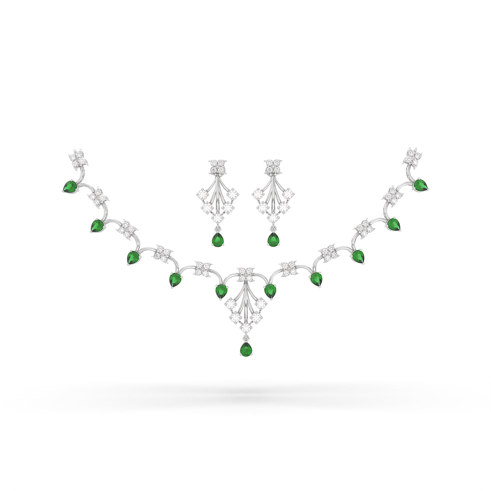 Lab-Grown Diamond and Emerald Necklace and Earring Set in 18K White Gold – 3.47 Ct Diamonds thumbnail
