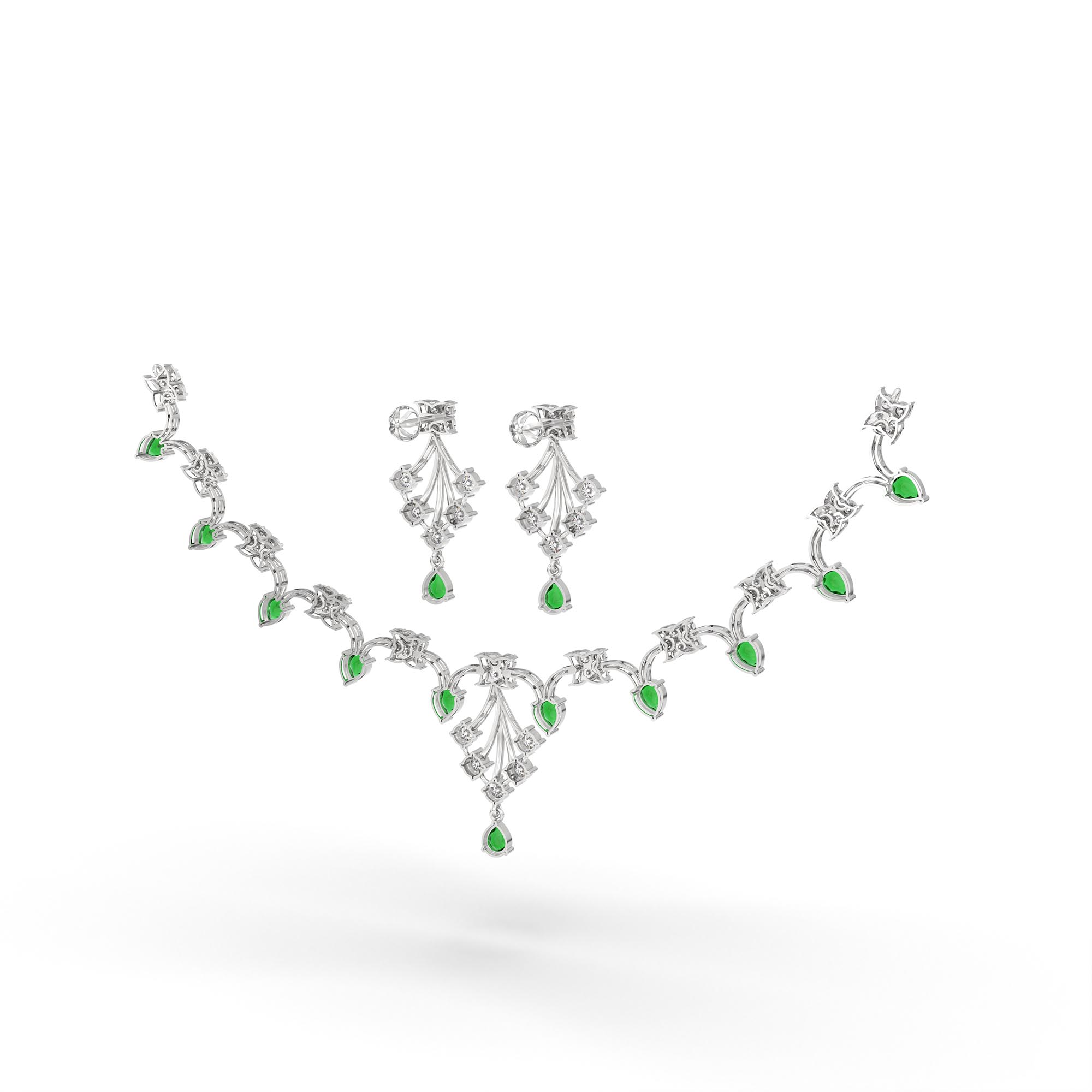 Lab-Grown Diamond and Emerald Necklace and Earring Set in 18K White Gold – 3.47 Ct Diamonds thumbnail