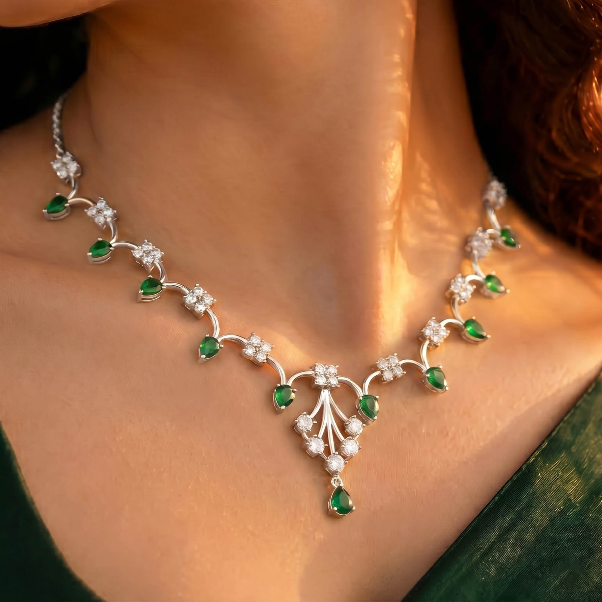 Lab-Grown Diamond and Emerald Necklace and Earring Set in 18K White Gold – 3.47 Ct Diamonds thumbnail