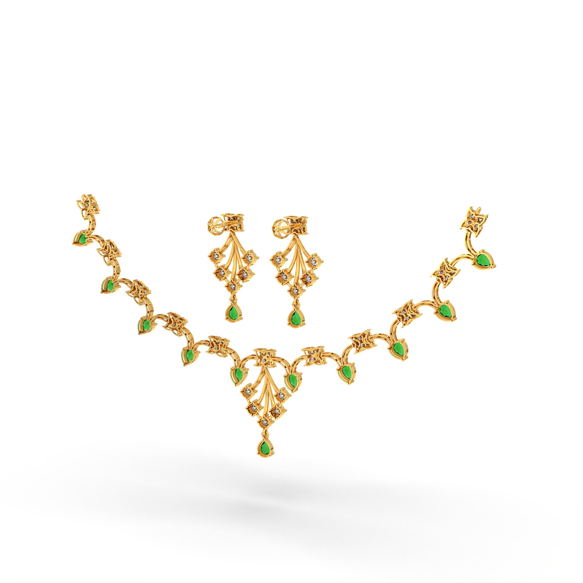 Lab-Grown Diamond and Emerald Necklace and Earring Set in 22K Yellow Gold – 3.47 Ct Diamonds thumbnail