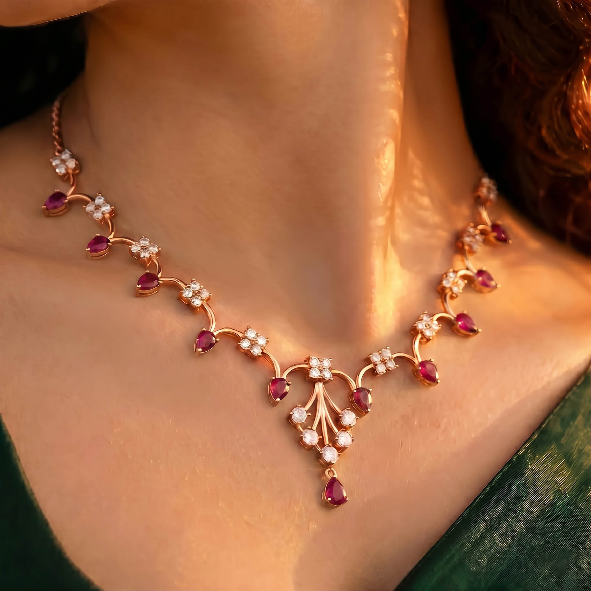 Lab-Grown Diamond and Ruby Necklace and Earring Set in 18K Rose Gold – 3.47 Ct Diamonds thumbnail