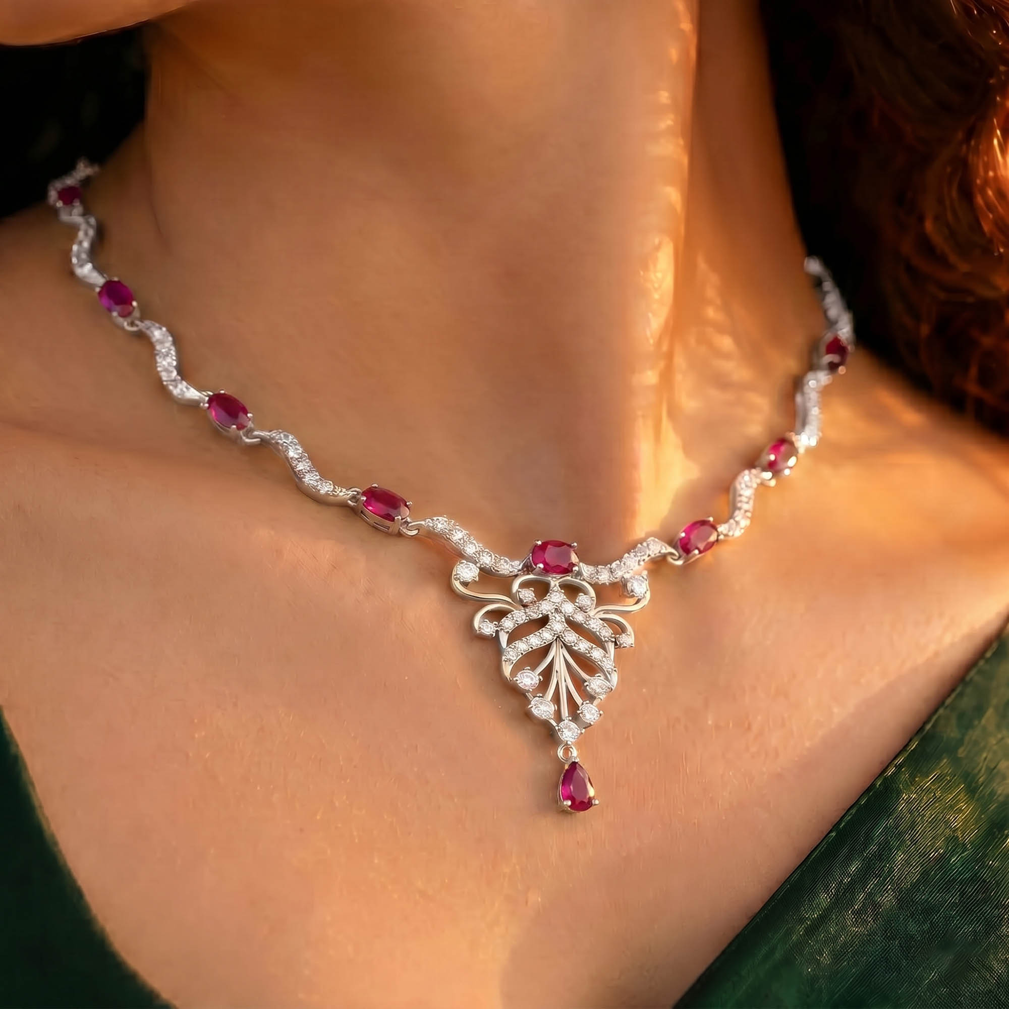 Lab-Grown Diamond and Ruby Necklace and Earring Set in 18K White Gold – 4.52 Ct Diamonds thumbnail
