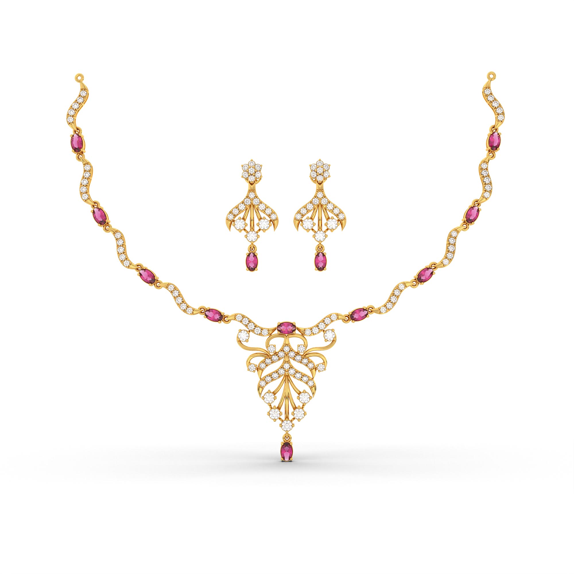 Lab-Grown Diamond and Ruby Necklace and Earring Set in 22K Yellow Gold – 4.52 Ct Diamonds thumbnail