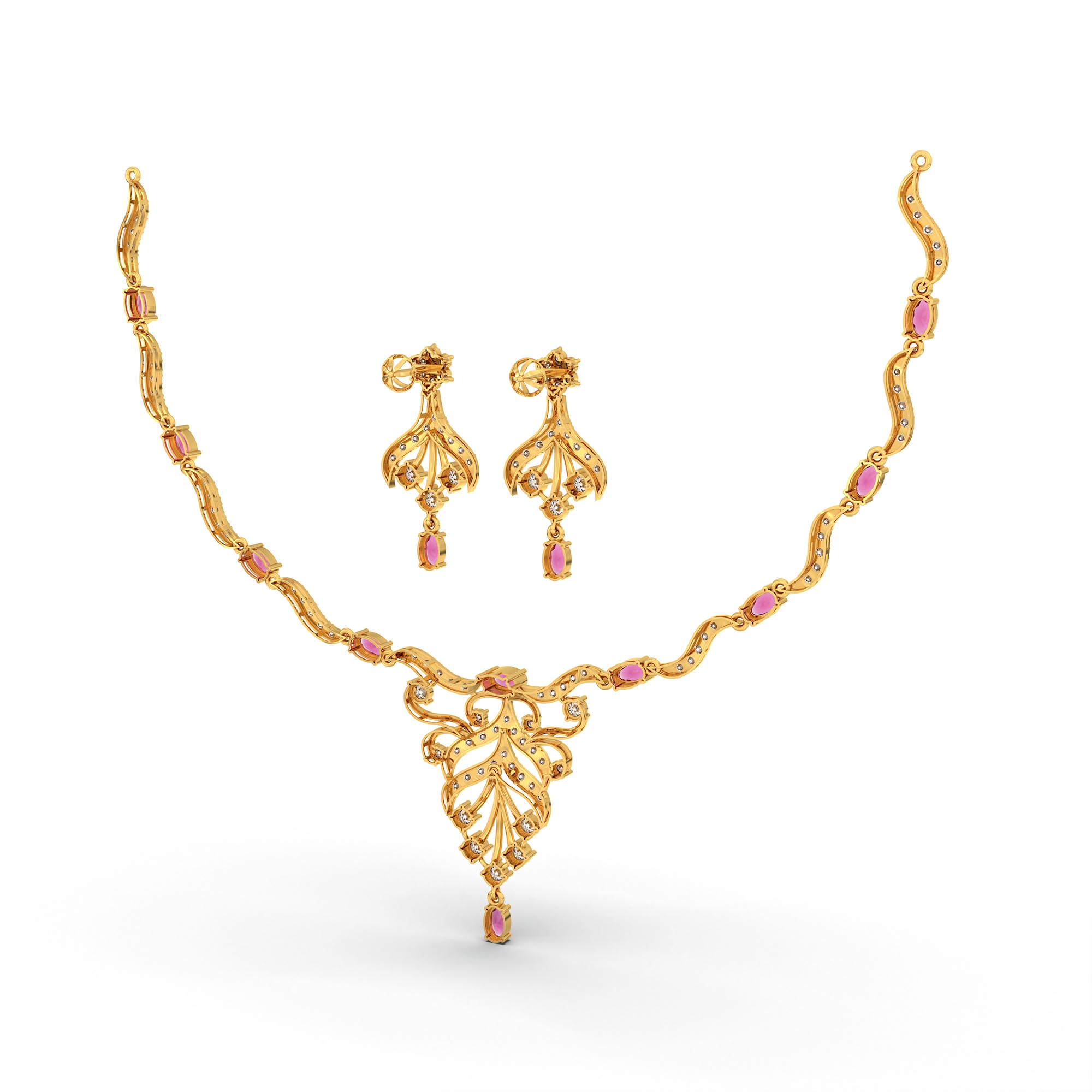 Lab-Grown Diamond and Ruby Necklace and Earring Set in 22K Yellow Gold – 4.52 Ct Diamonds thumbnail