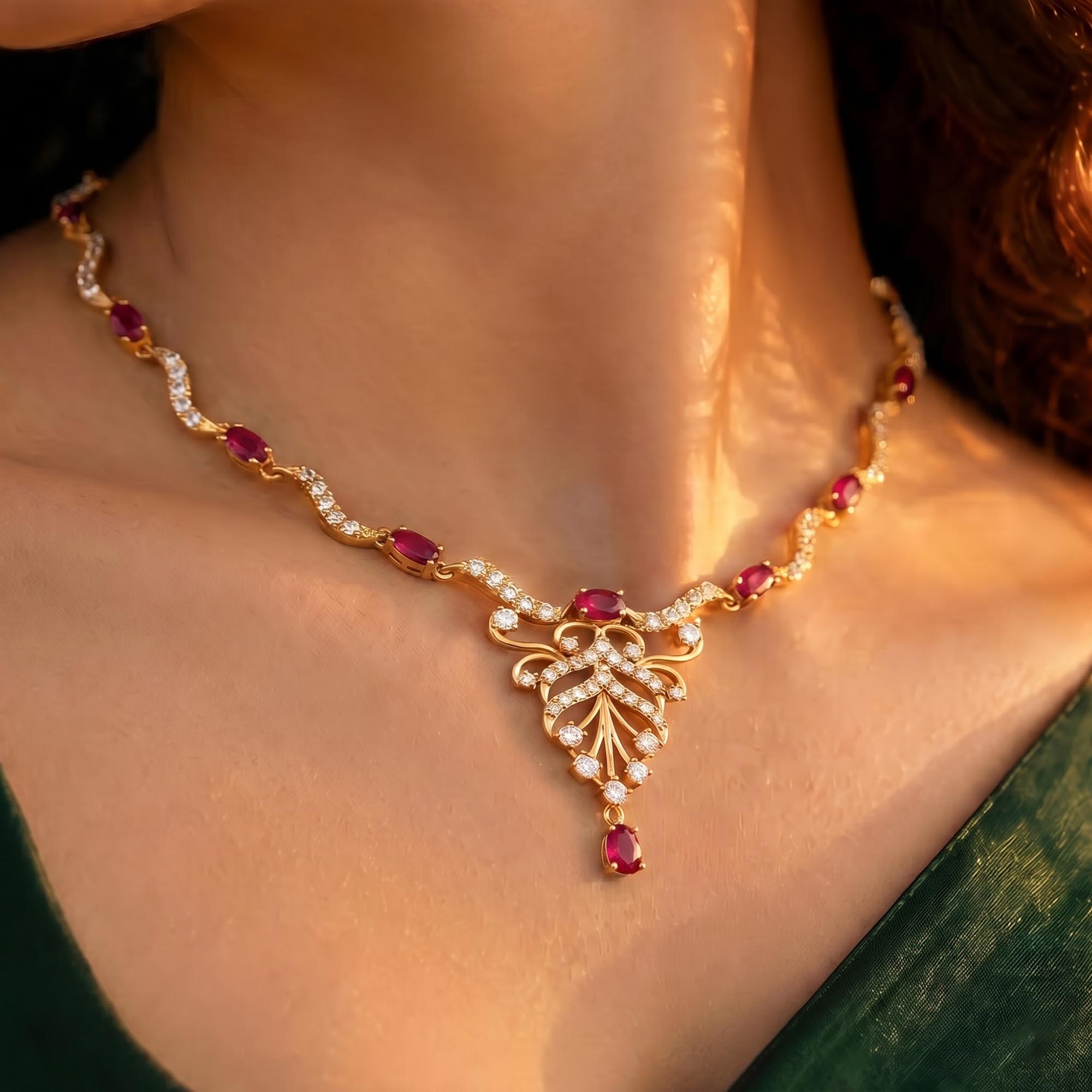Lab-Grown Diamond and Ruby Necklace and Earring Set in 22K Yellow Gold – 4.52 Ct Diamonds thumbnail