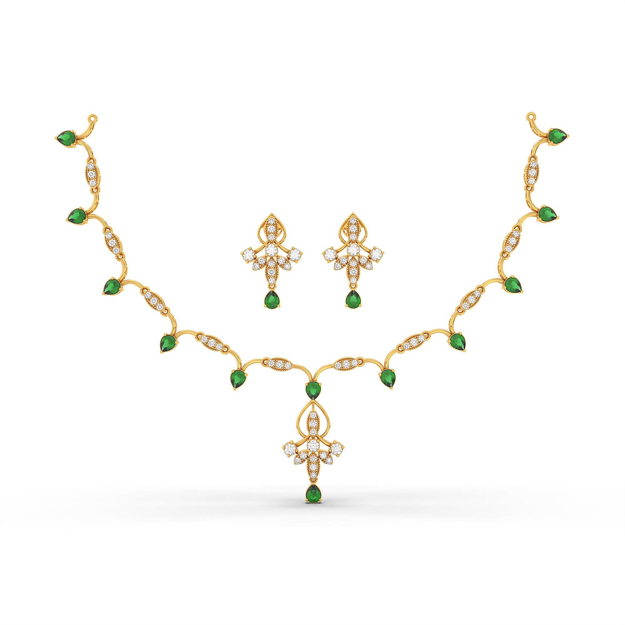 Lab-Grown Diamond and Emerald Necklace and Earring Set in 22K Yellow Gold – 2.77 Ct Diamonds thumbnail