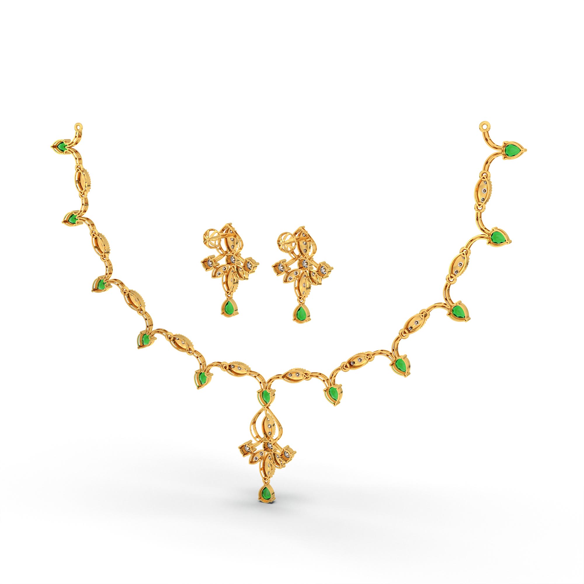 Lab-Grown Diamond and Emerald Necklace and Earring Set in 22K Yellow Gold – 2.77 Ct Diamonds thumbnail