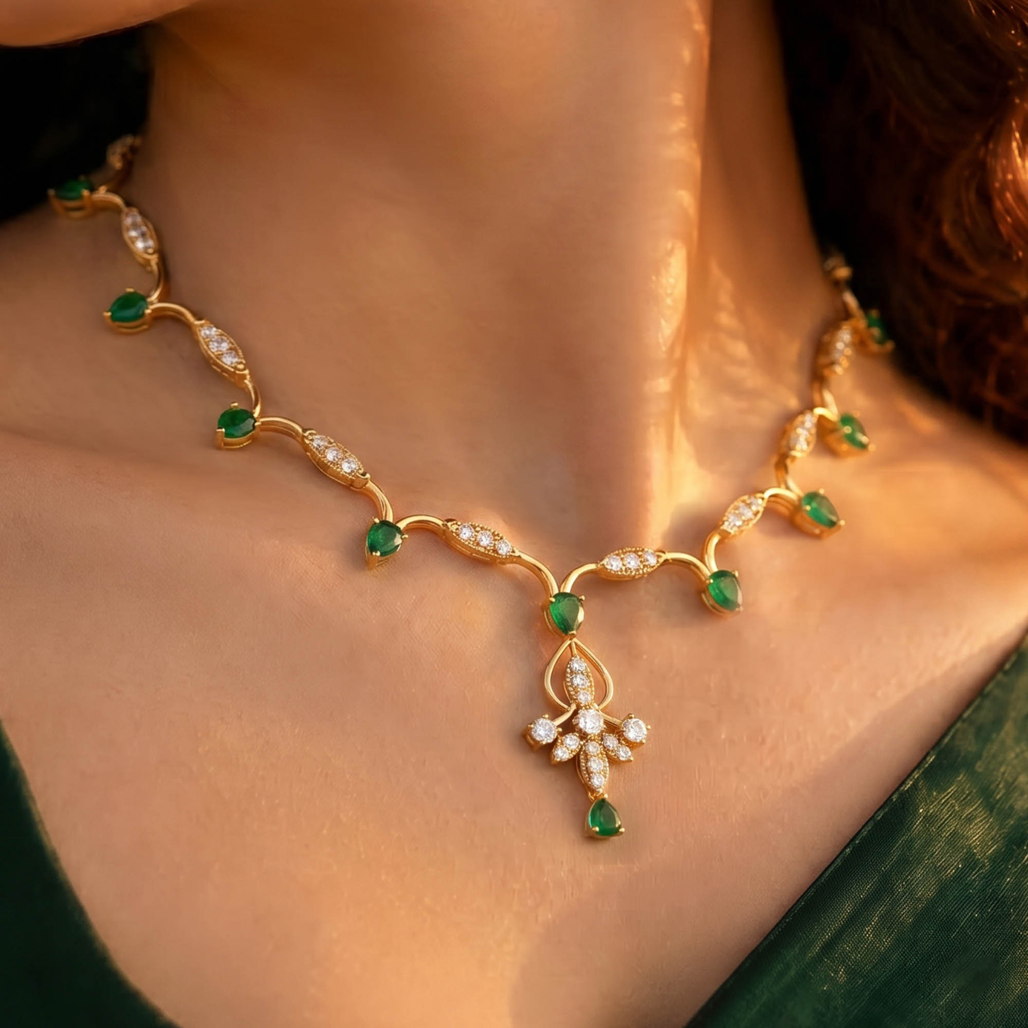 Lab-Grown Diamond and Emerald Necklace and Earring Set in 22K Yellow Gold – 2.77 Ct Diamonds thumbnail