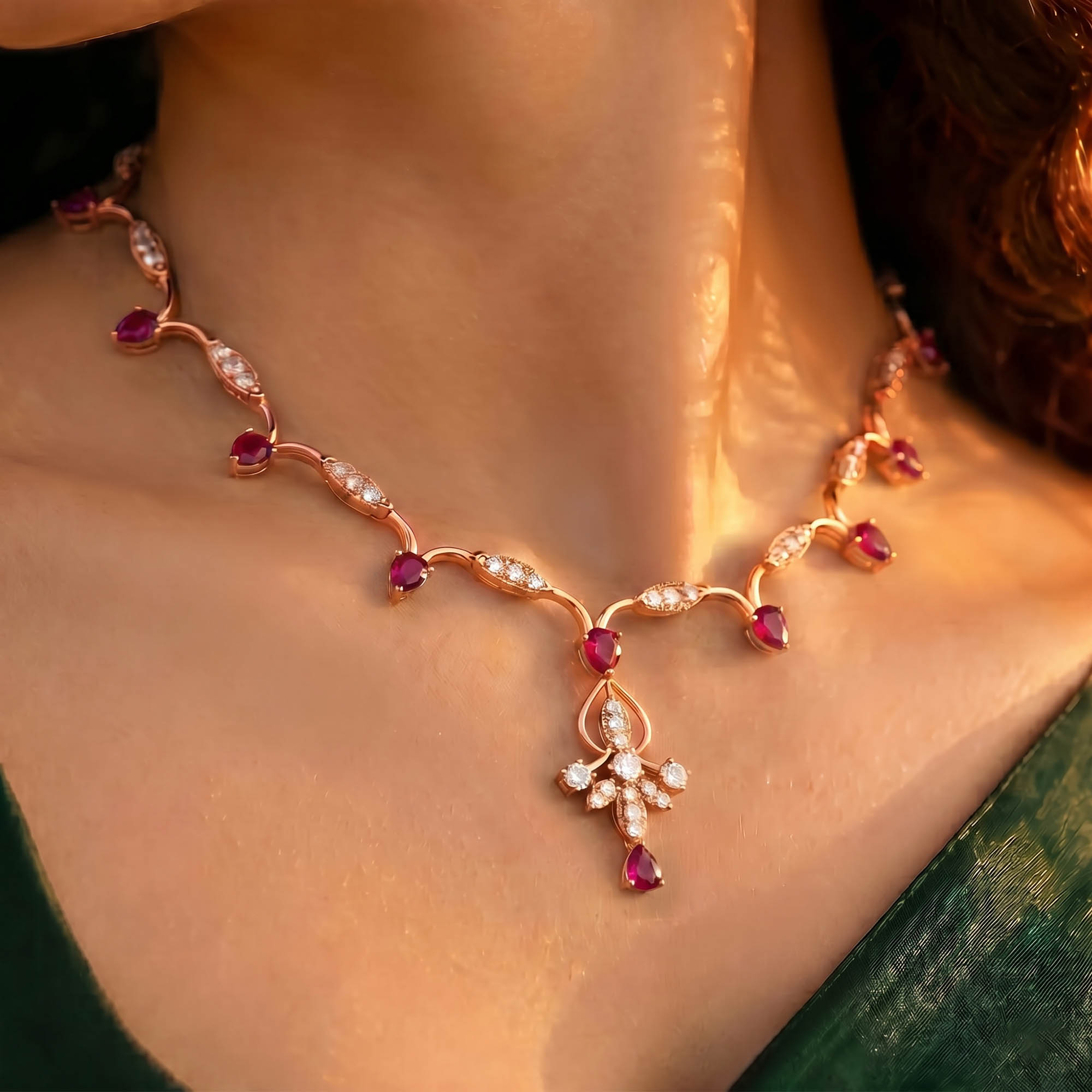 Lab-Grown Diamond and Ruby Necklace and Earring Set in 18K Rose Gold – 2.77 Ct Diamonds thumbnail