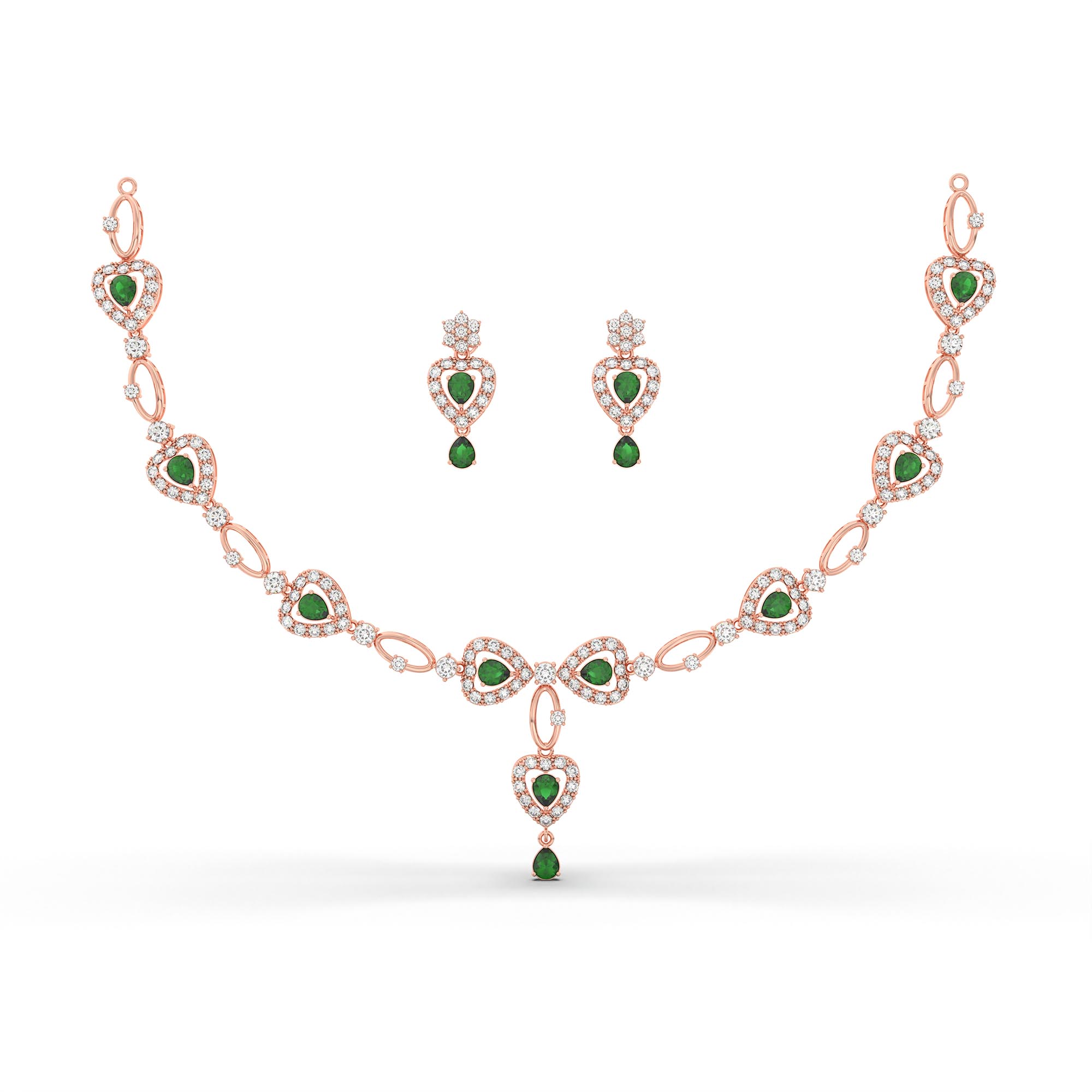 Lab-Grown Diamond and Emerald Necklace and Earring Set in 18K Rose Gold – 6.3 Ct Diamonds thumbnail
