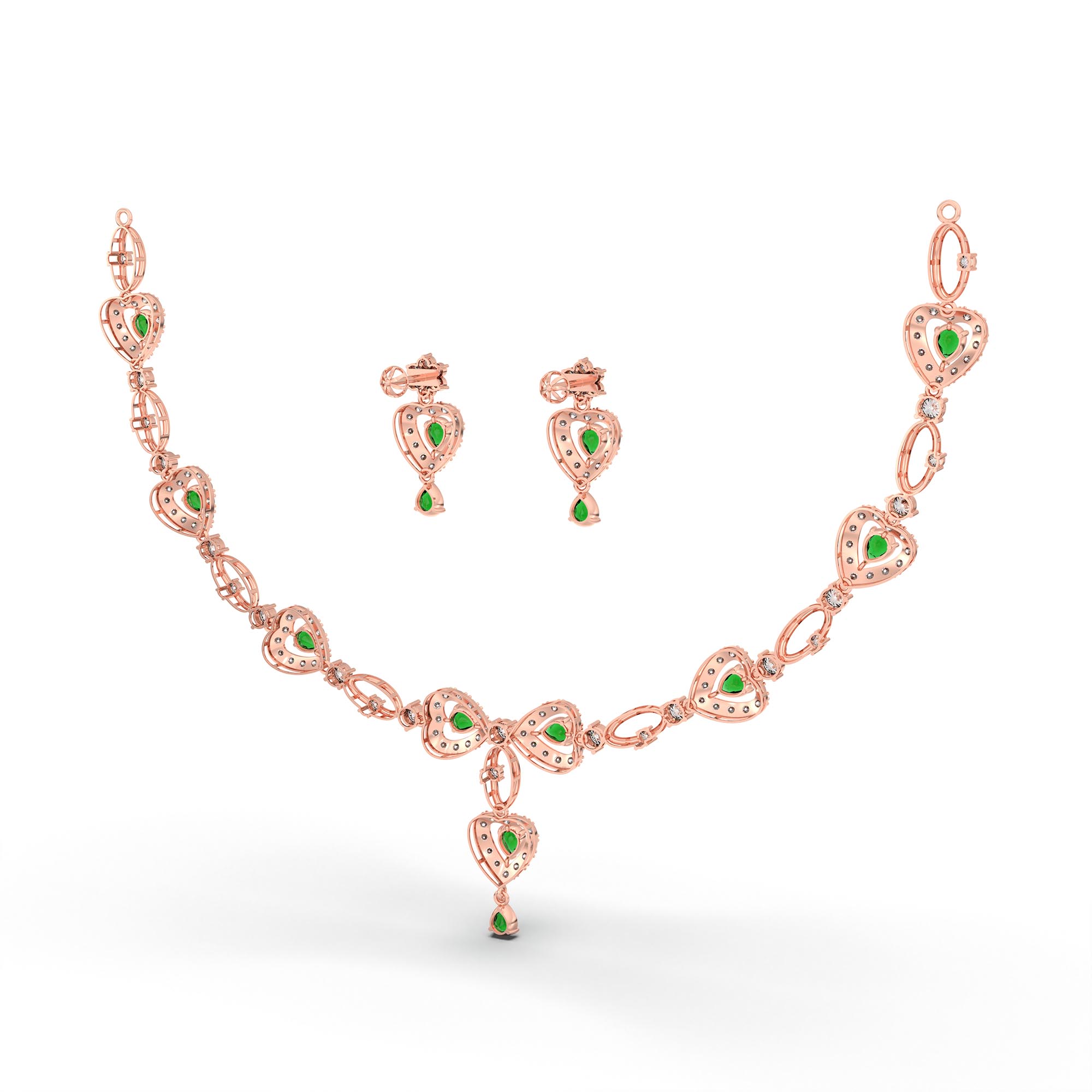 Lab-Grown Diamond and Emerald Necklace and Earring Set in 18K Rose Gold – 6.3 Ct Diamonds thumbnail