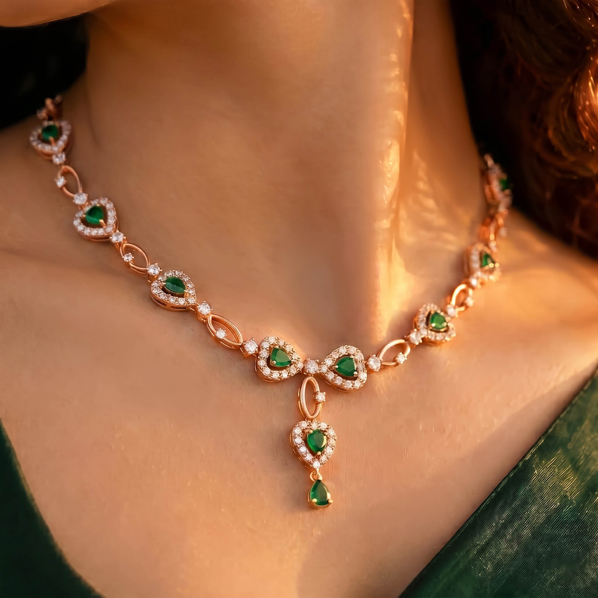 Lab-Grown Diamond and Emerald Necklace and Earring Set in 18K Rose Gold – 6.3 Ct Diamonds thumbnail