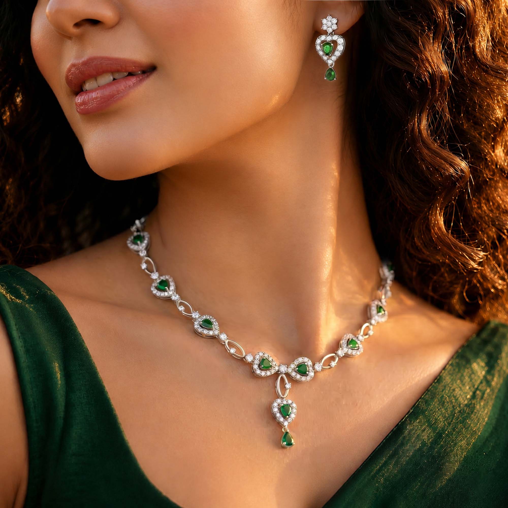 Lab-Grown Diamond and Emerald Necklace and Earring Set in 18K White Gold – 6.3 Ct Diamonds thumbnail