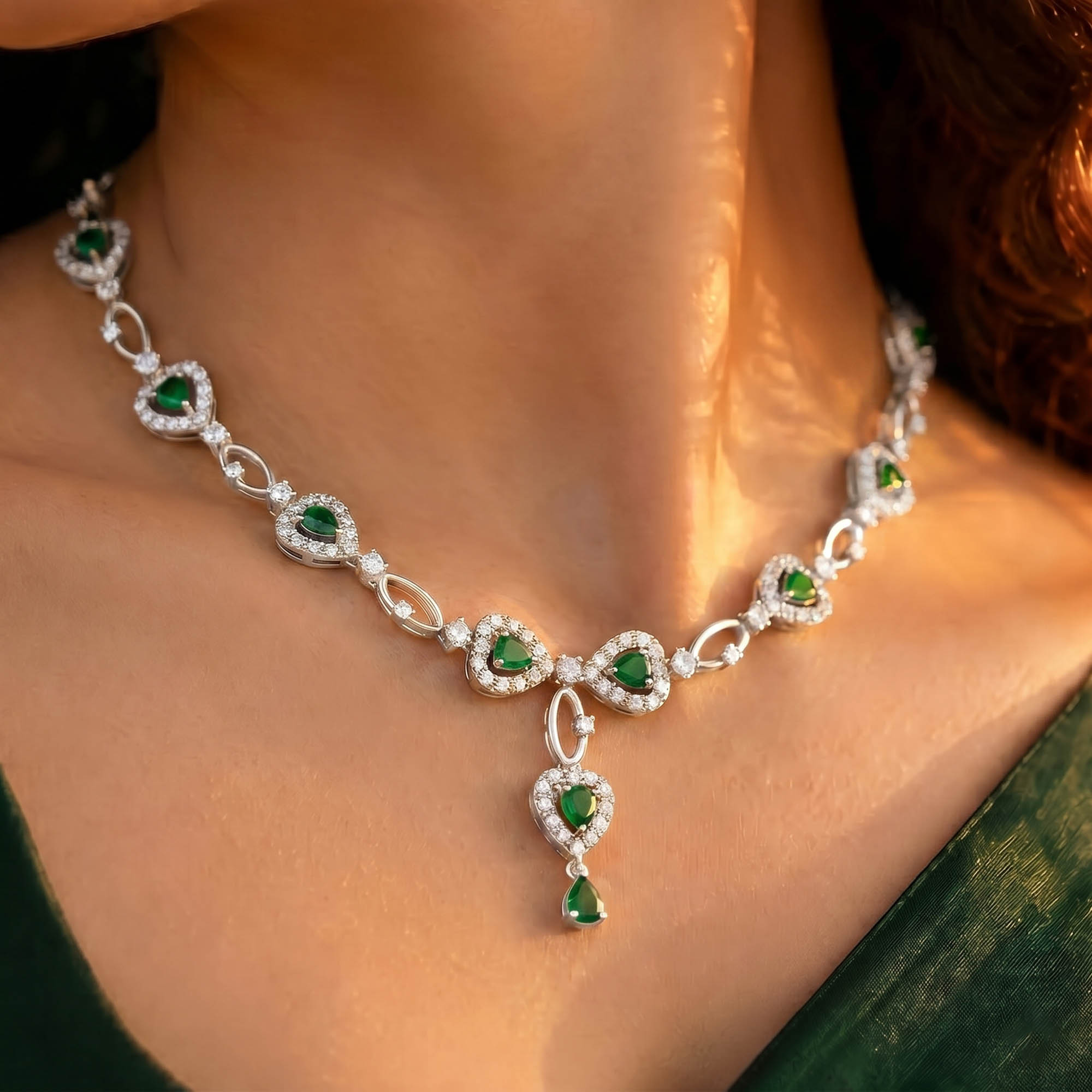 Lab-Grown Diamond and Emerald Necklace and Earring Set in 18K White Gold – 6.3 Ct Diamonds thumbnail
