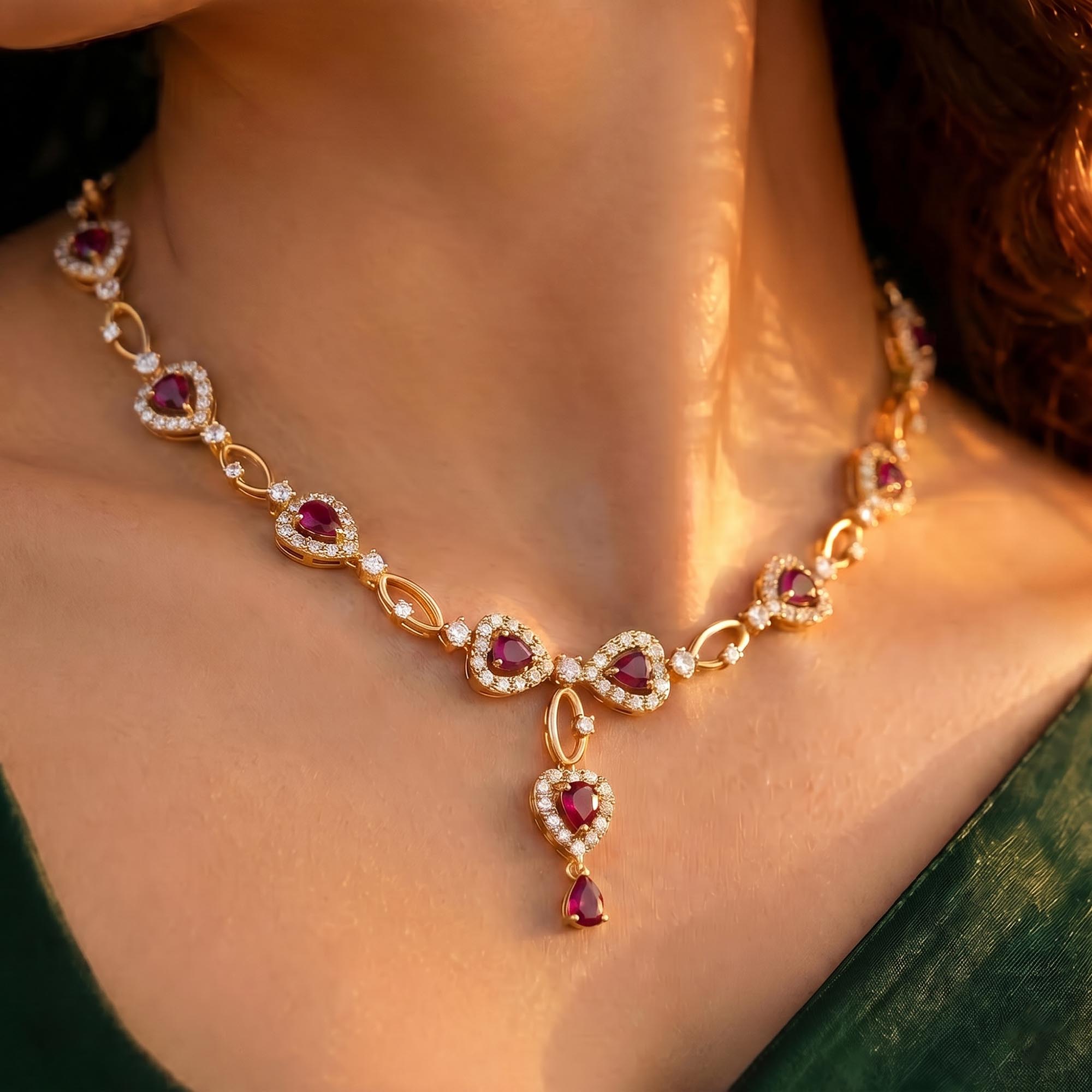 Lab-Grown Diamond and Ruby Necklace and Earring Set in 22K Yellow Gold – 6.3 Ct Diamonds thumbnail