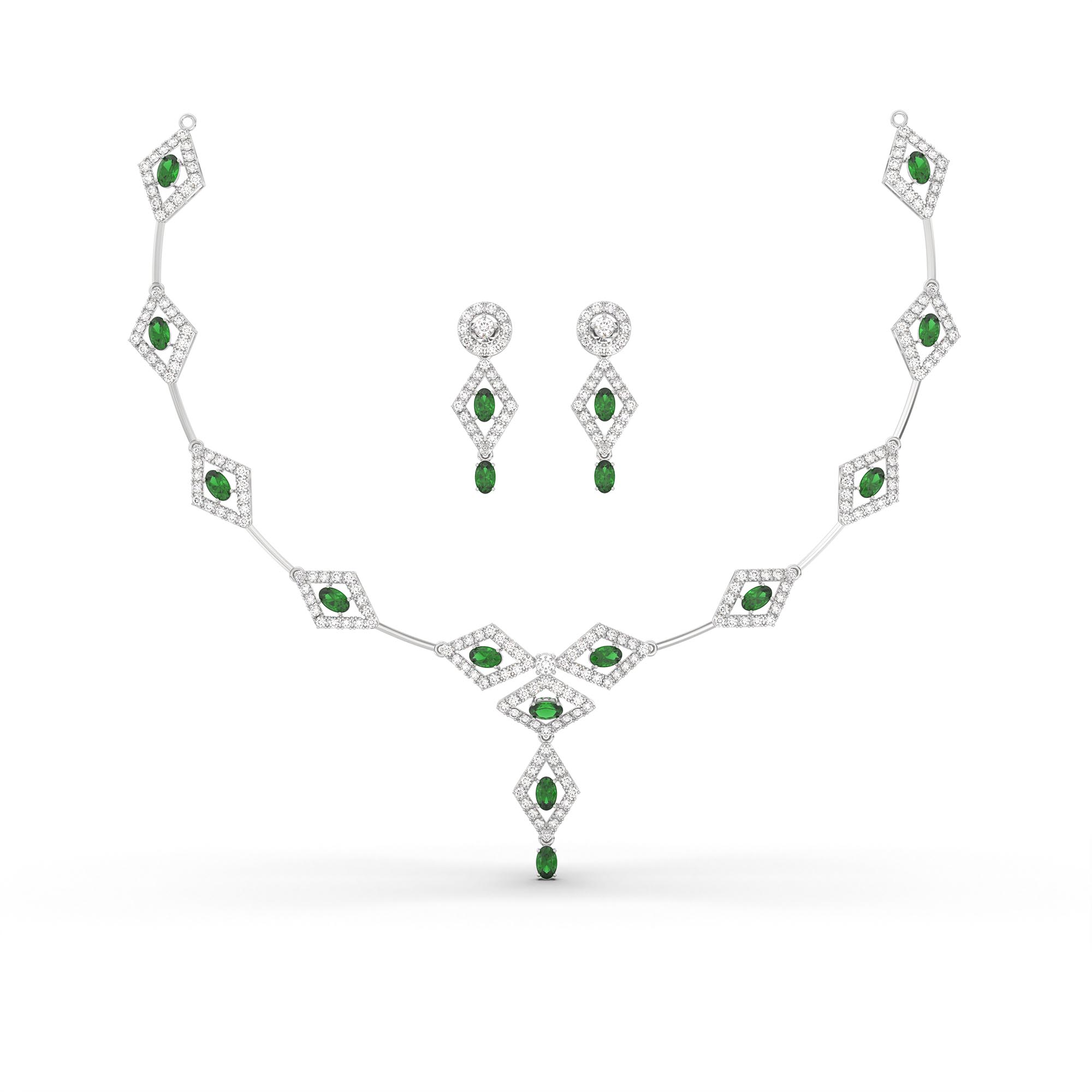 Lab-Grown Diamond and Emerald Necklace and Earring Set in 18K White Gold – 6.98 Ct Diamonds thumbnail