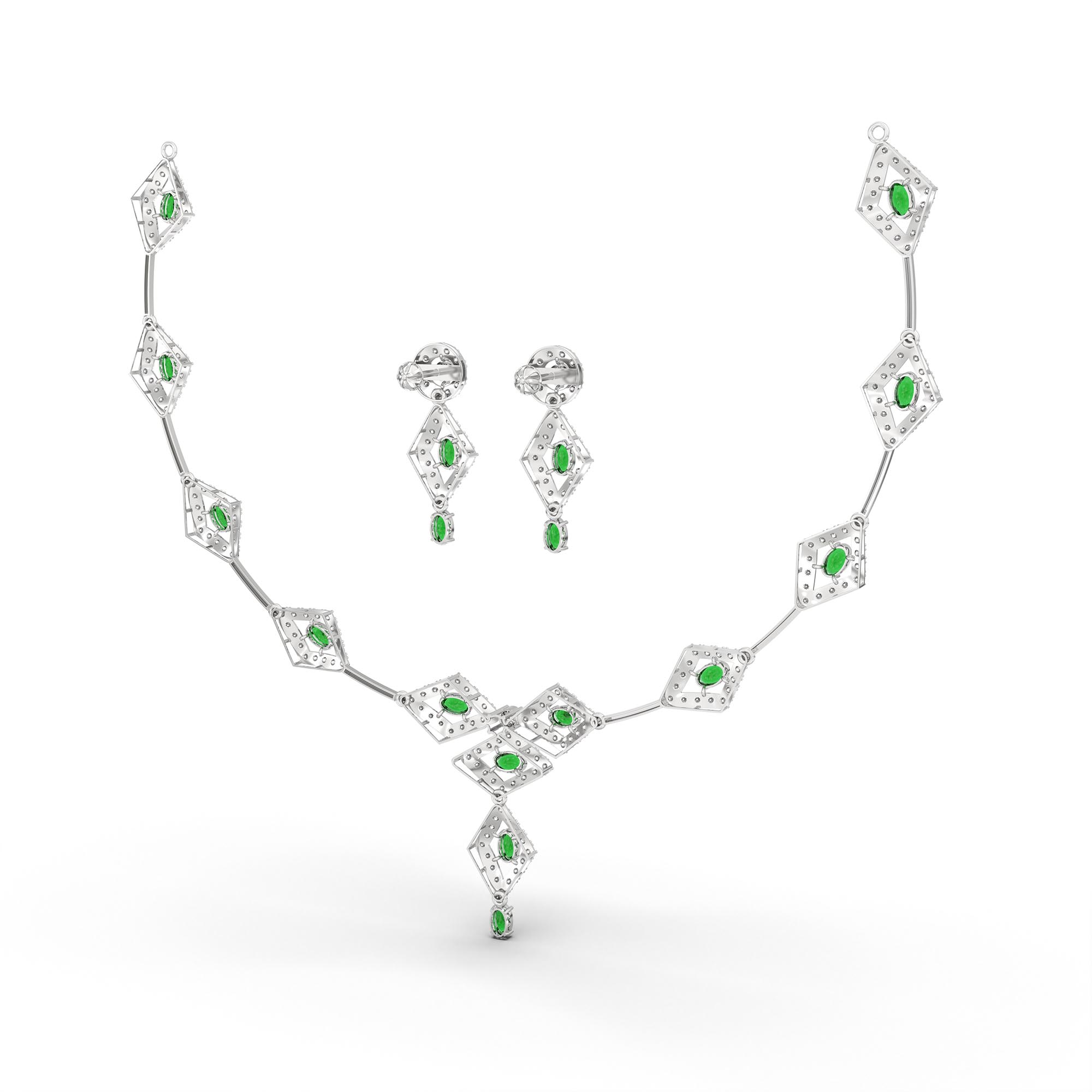 Lab-Grown Diamond and Emerald Necklace and Earring Set in 18K White Gold – 6.98 Ct Diamonds thumbnail