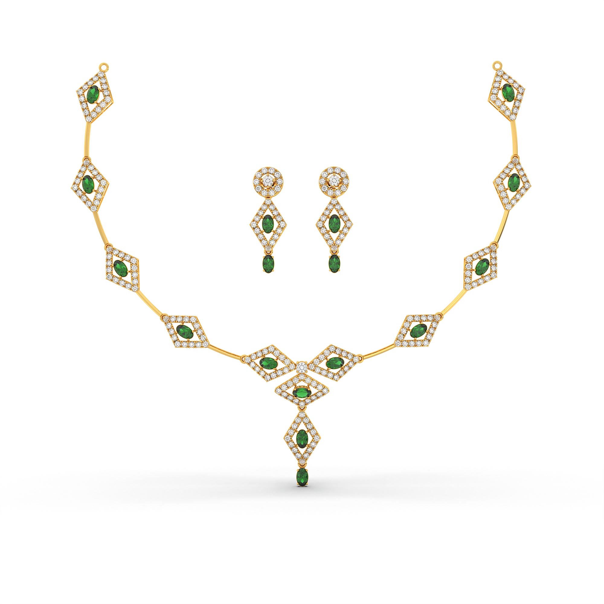Lab-Grown Diamond and Emerald Necklace and Earring Set in 22K Yellow Gold – 6.98 Ct Diamonds thumbnail