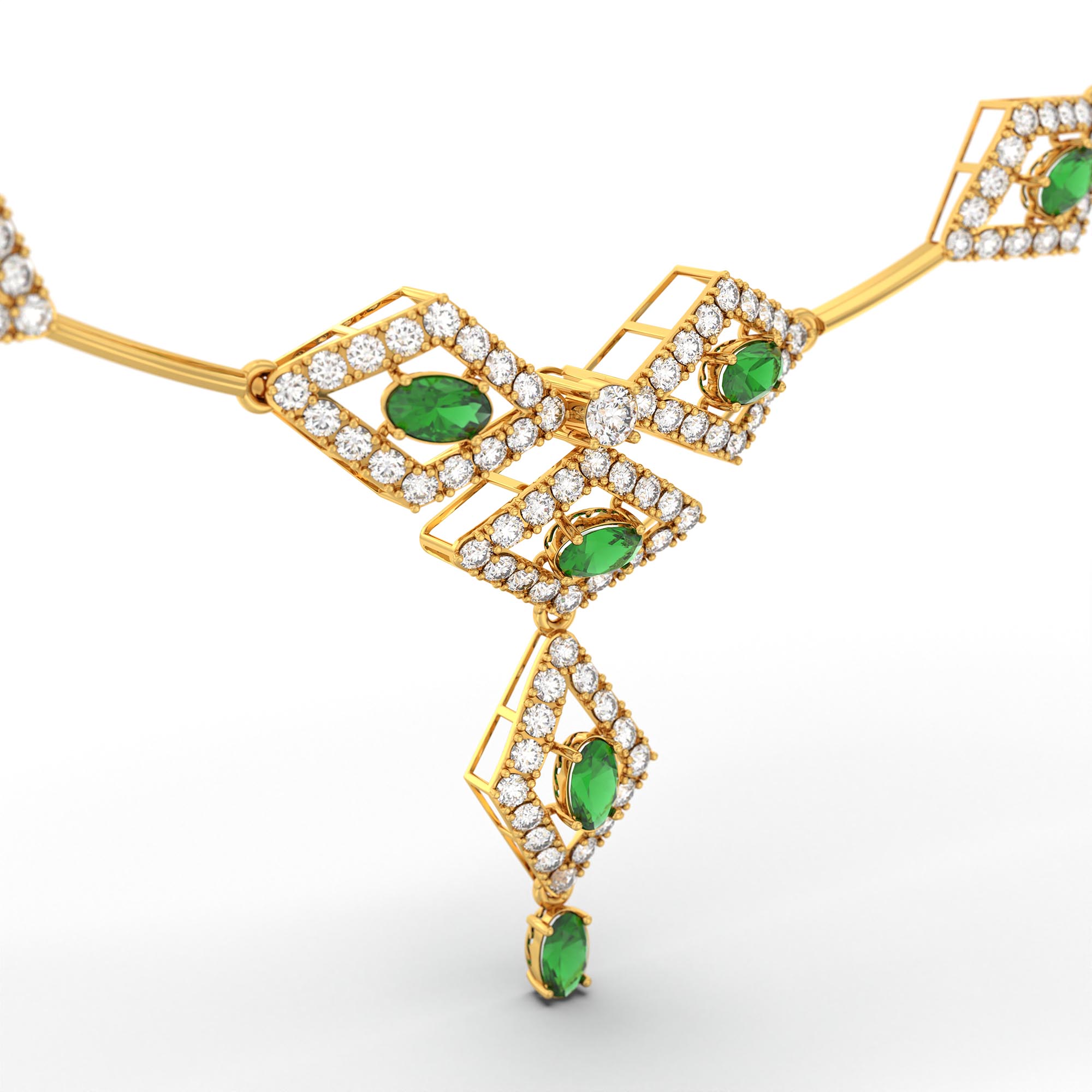 Lab-Grown Diamond and Emerald Necklace and Earring Set in 22K Yellow Gold – 6.98 Ct Diamonds thumbnail
