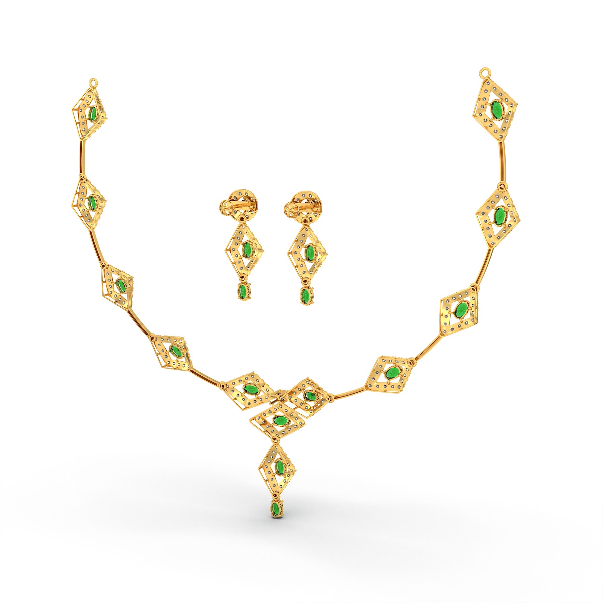 Lab-Grown Diamond and Emerald Necklace and Earring Set in 22K Yellow Gold – 6.98 Ct Diamonds thumbnail