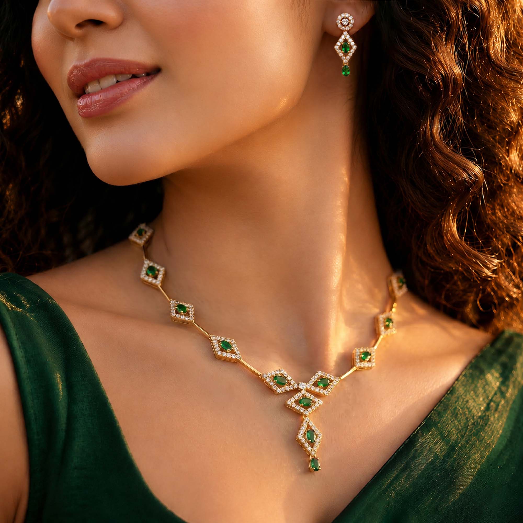 Lab-Grown Diamond and Emerald Necklace and Earring Set in 22K Yellow Gold – 6.98 Ct Diamonds thumbnail