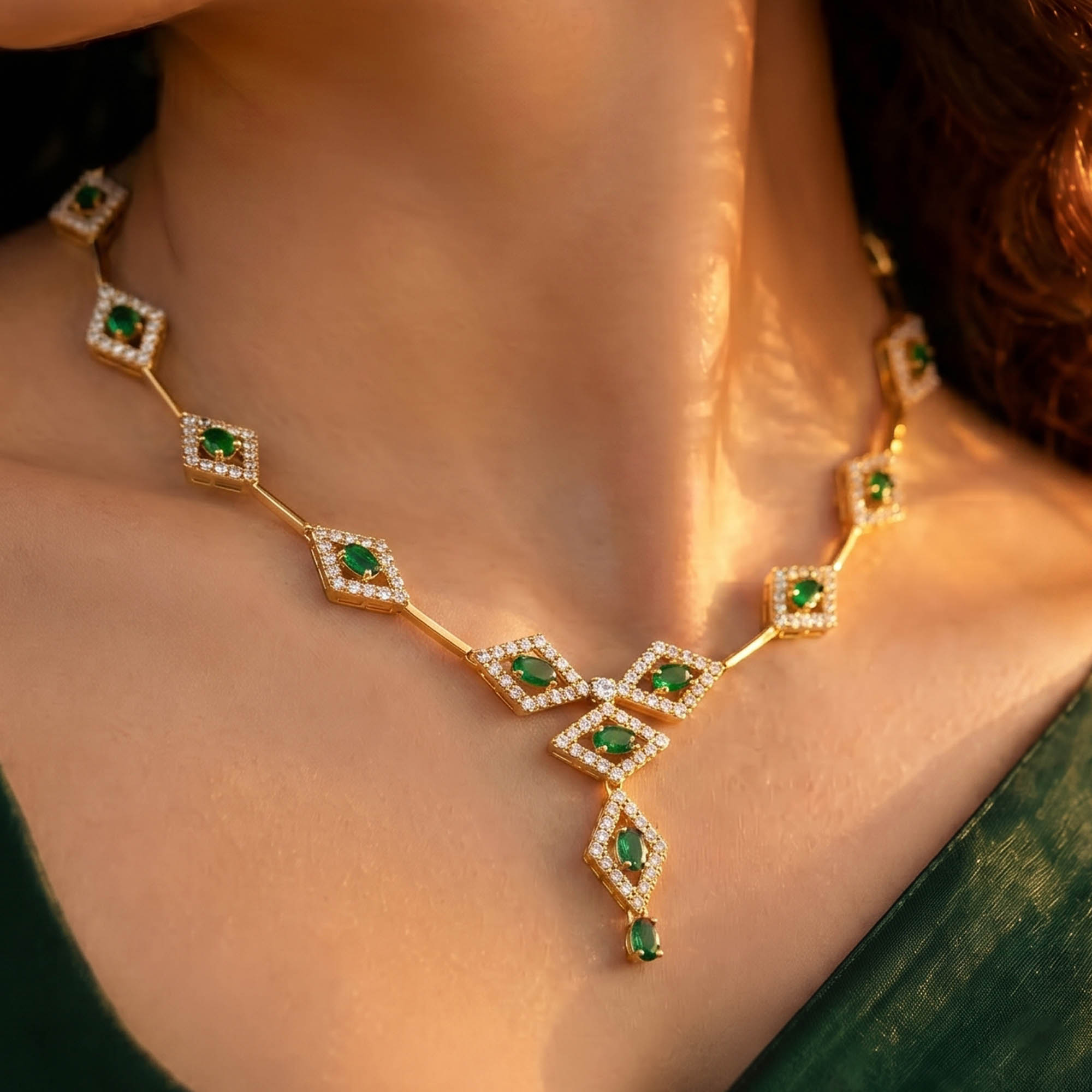 Lab-Grown Diamond and Emerald Necklace and Earring Set in 22K Yellow Gold – 6.98 Ct Diamonds thumbnail