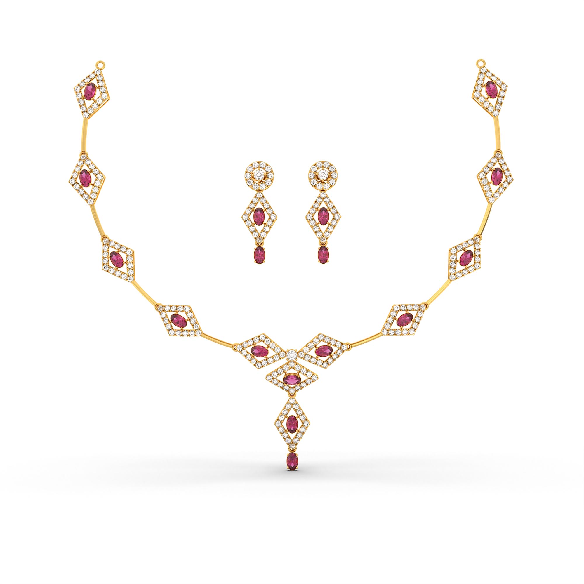 Lab-Grown Diamond and Ruby Necklace and Earring Set in 22K Yellow Gold – 6.98 Ct Diamonds thumbnail