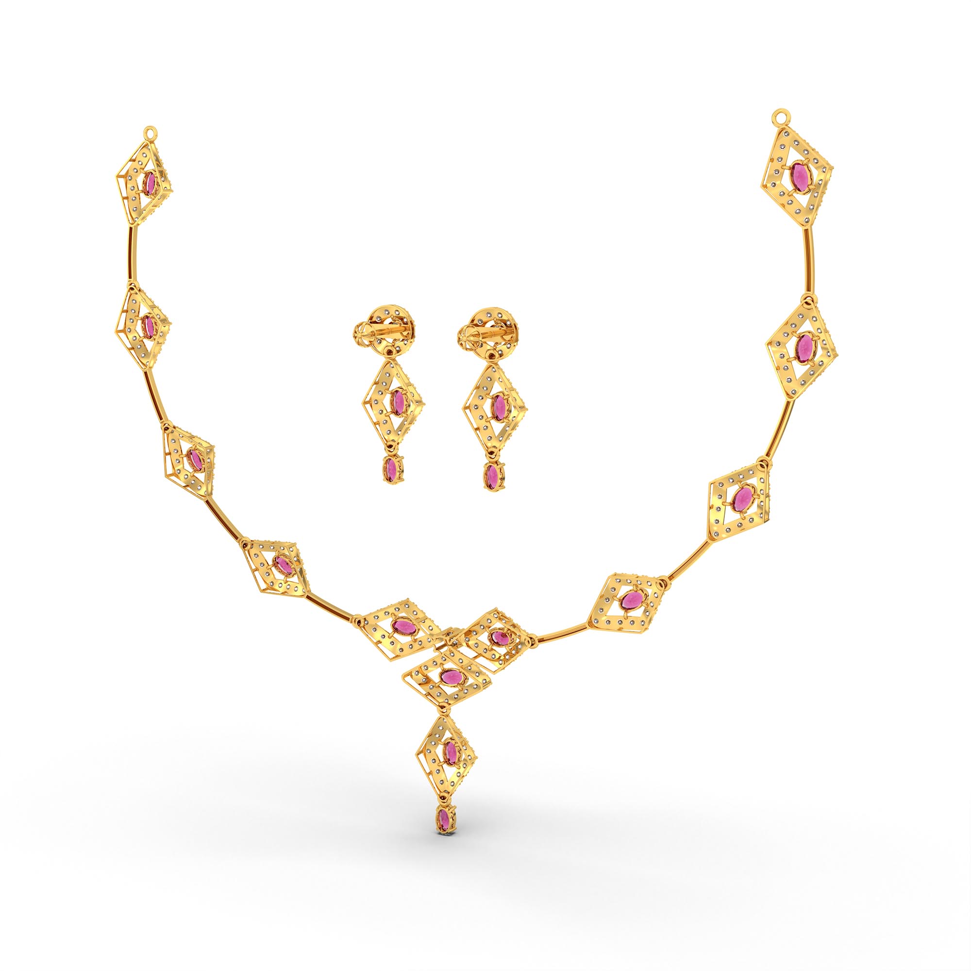 Lab-Grown Diamond and Ruby Necklace and Earring Set in 22K Yellow Gold – 6.98 Ct Diamonds thumbnail