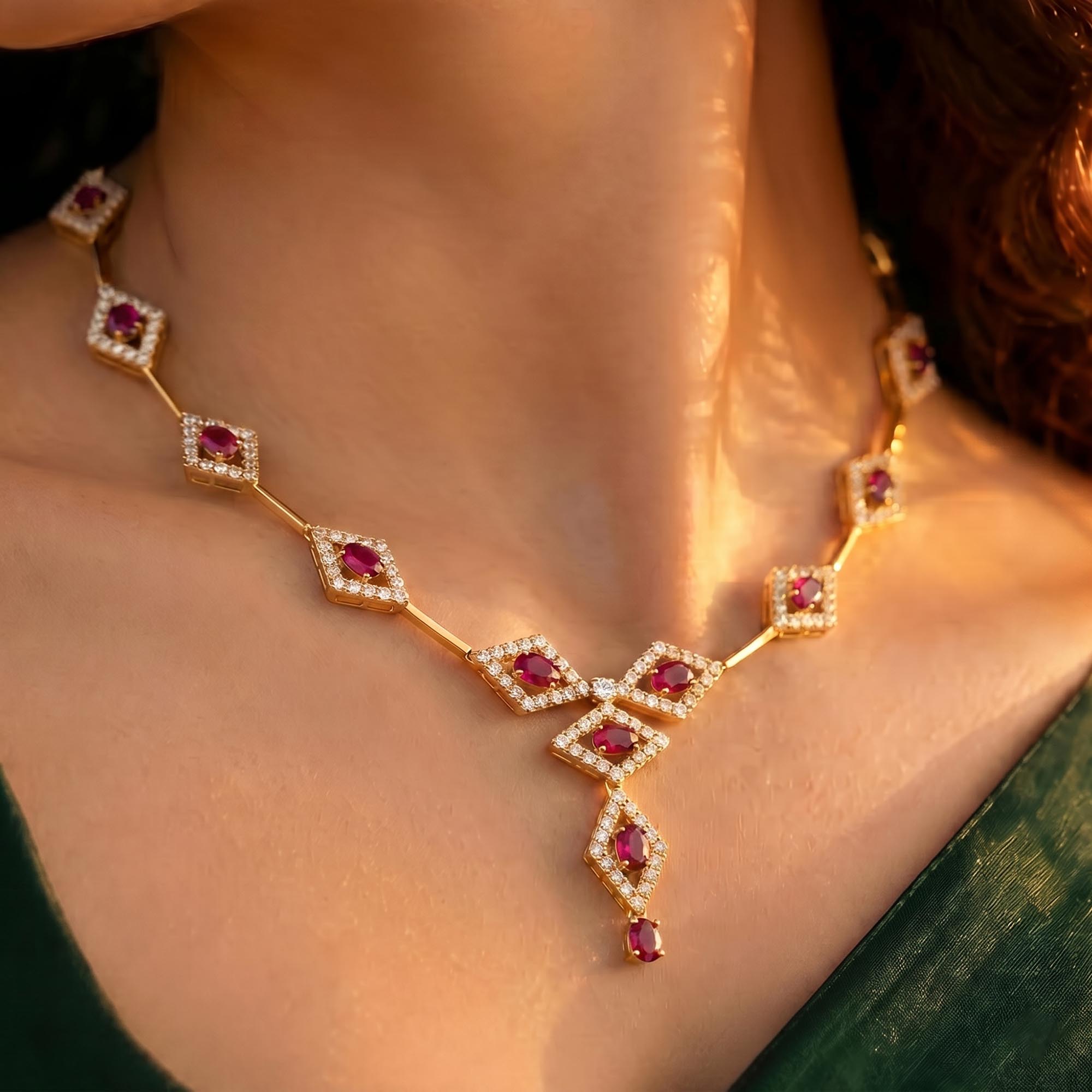 Lab-Grown Diamond and Ruby Necklace and Earring Set in 22K Yellow Gold – 6.98 Ct Diamonds thumbnail