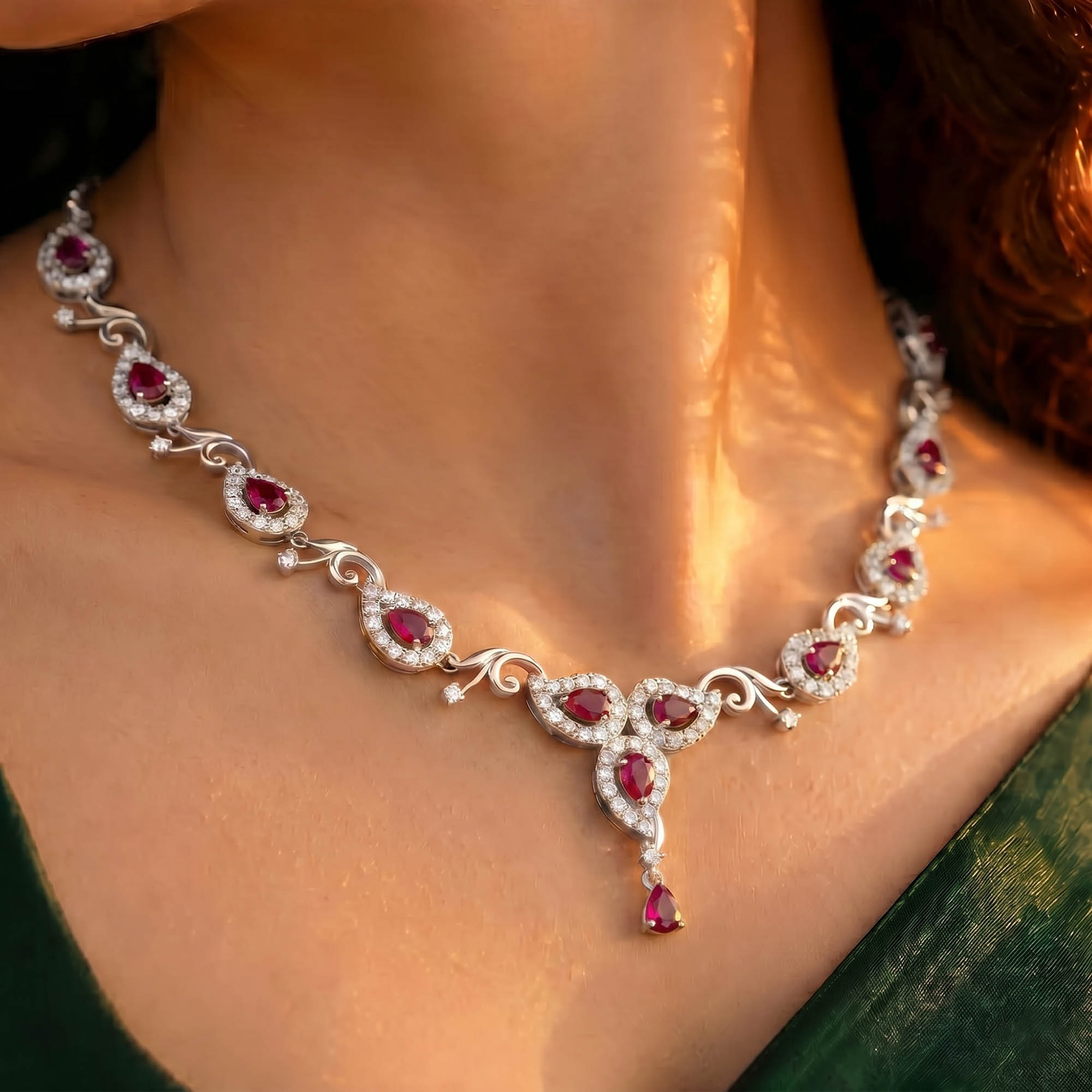 Lab-Grown Diamond and Ruby Necklace and Earring Set in 18K White Gold – 5.33 Ct Diamonds thumbnail