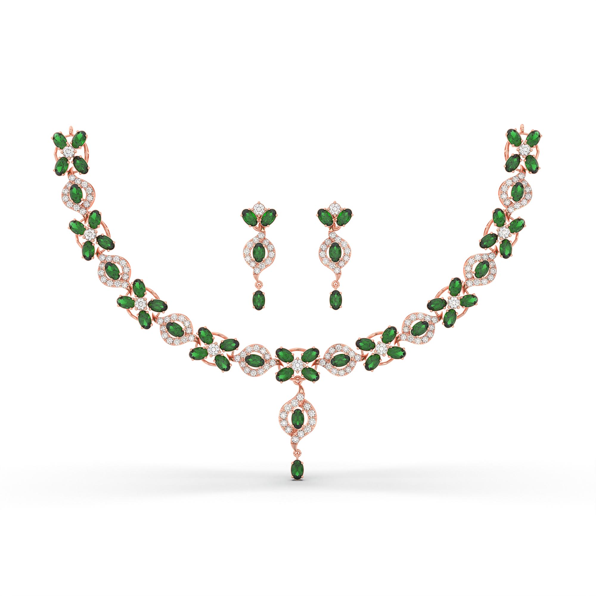 Lab-Grown Diamond and Emerald Necklace and Earring Set in 18K Rose Gold – 4.87 Ct Diamonds thumbnail