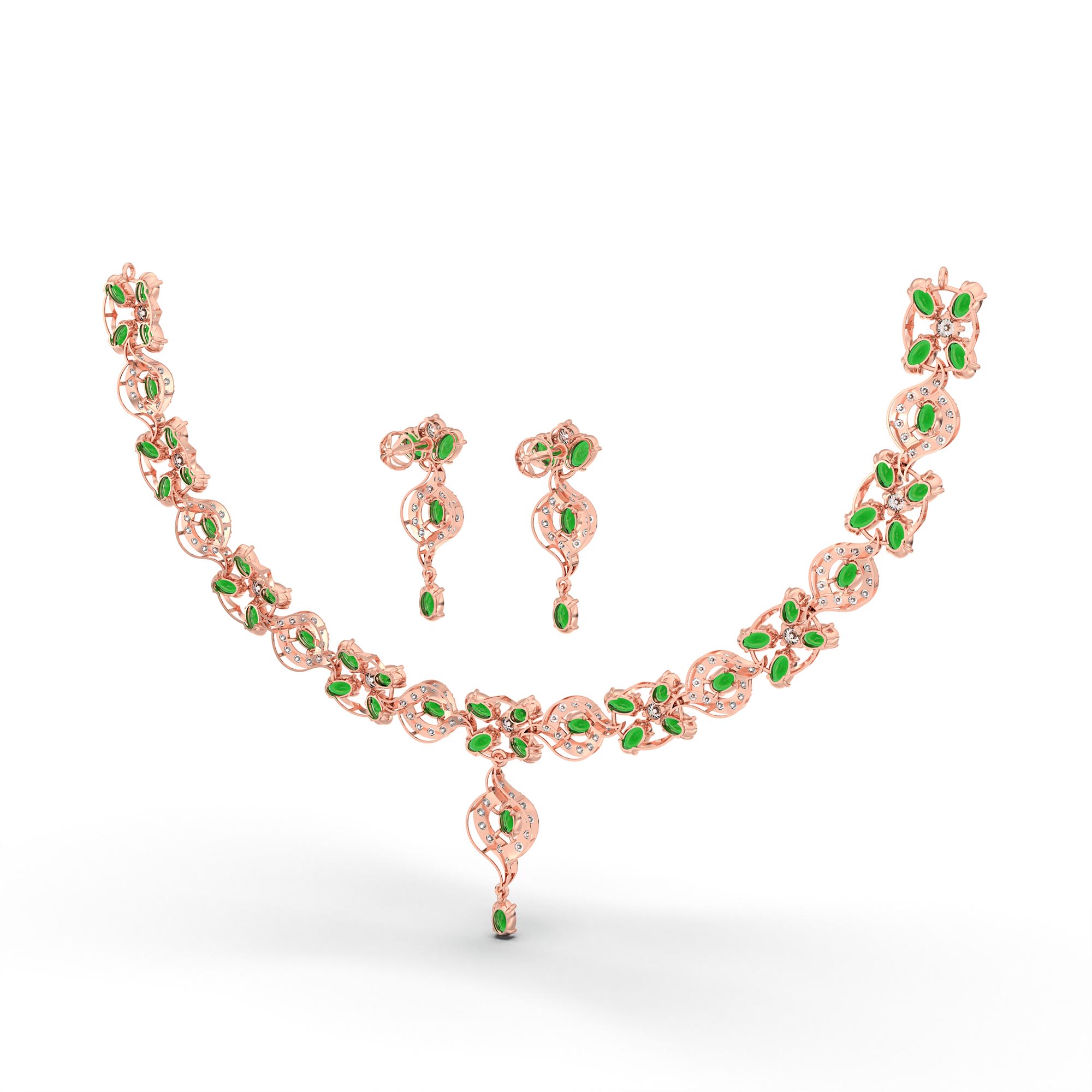 Lab-Grown Diamond and Emerald Necklace and Earring Set in 18K Rose Gold – 4.87 Ct Diamonds thumbnail