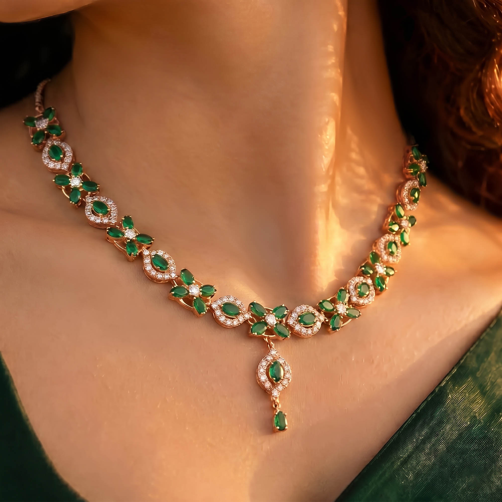 Lab-Grown Diamond and Emerald Necklace and Earring Set in 18K Rose Gold – 4.87 Ct Diamonds thumbnail
