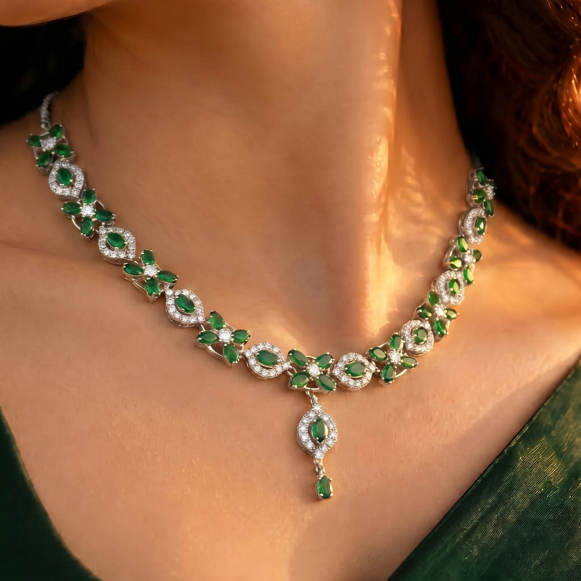 Lab-Grown Diamond and Emerald Necklace and Earring Set in 18K White Gold – 4.87 Ct Diamonds thumbnail