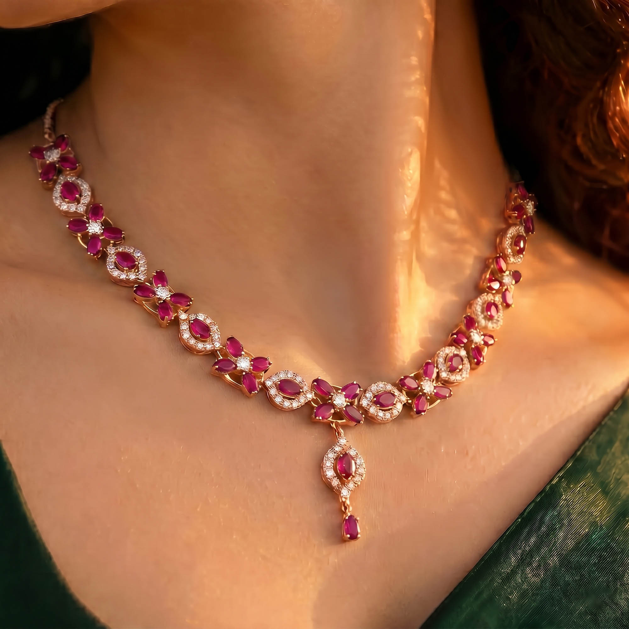 Lab-Grown Diamond and Ruby Necklace and Earring Set in 18K Rose Gold – 4.87 Ct Diamonds thumbnail