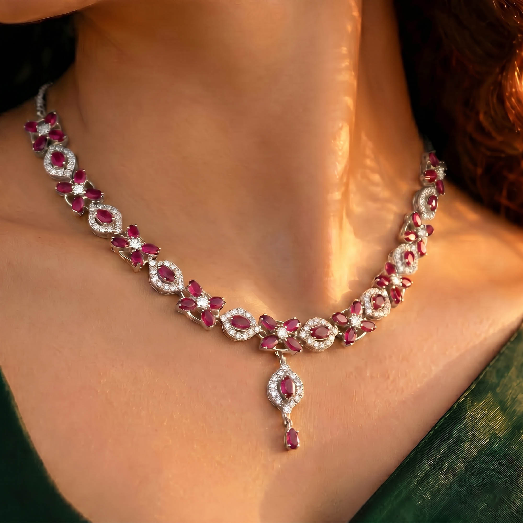 Lab-Grown Diamond and Ruby Necklace and Earring Set in 18K White Gold – 4.87 Ct Diamonds thumbnail
