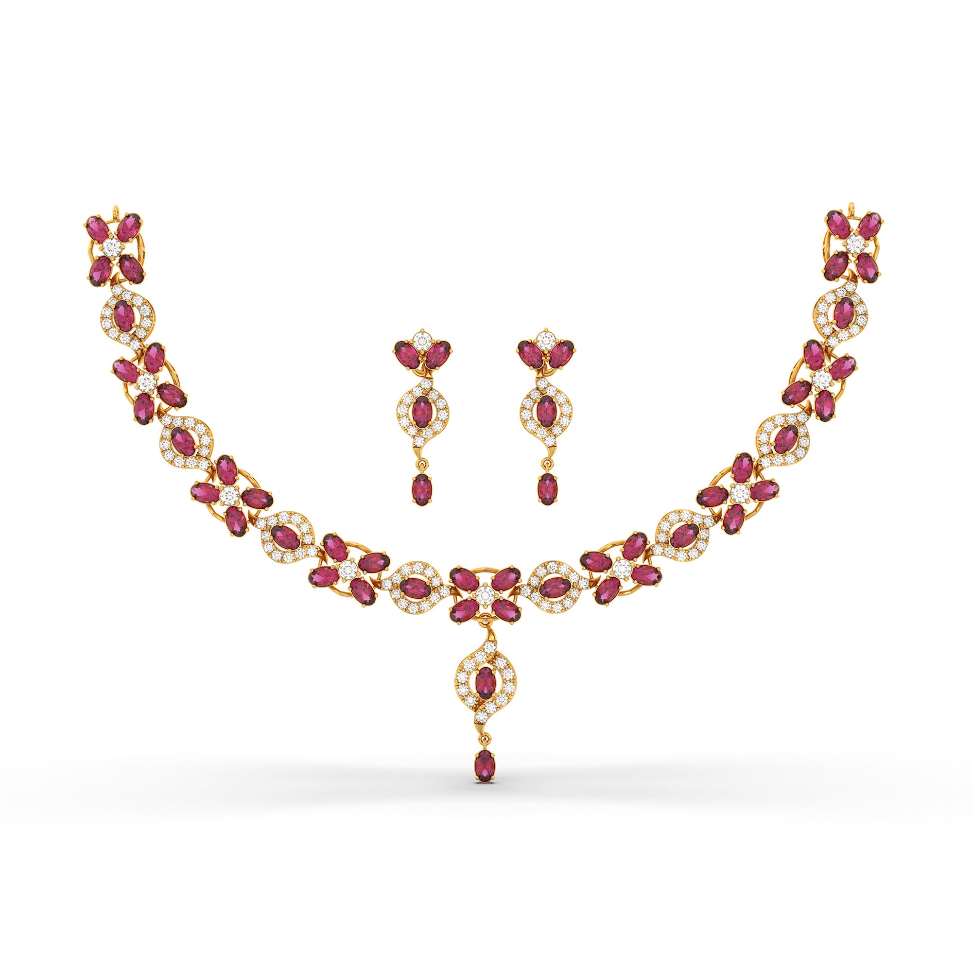 Lab-Grown Diamond and Ruby Necklace and Earring Set in 22K Yellow Gold – 4.87 Ct Diamonds thumbnail