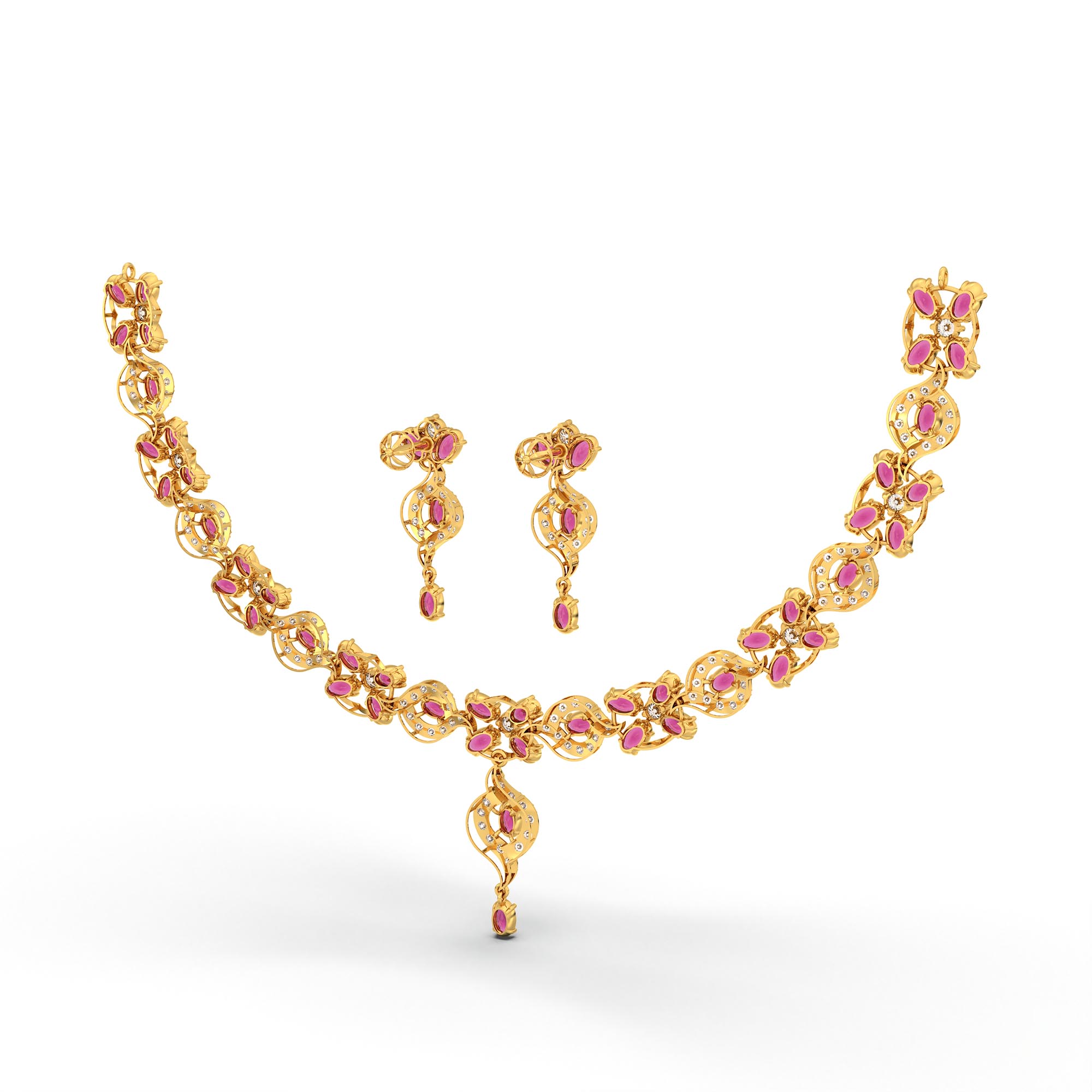 Lab-Grown Diamond and Ruby Necklace and Earring Set in 22K Yellow Gold – 4.87 Ct Diamonds thumbnail